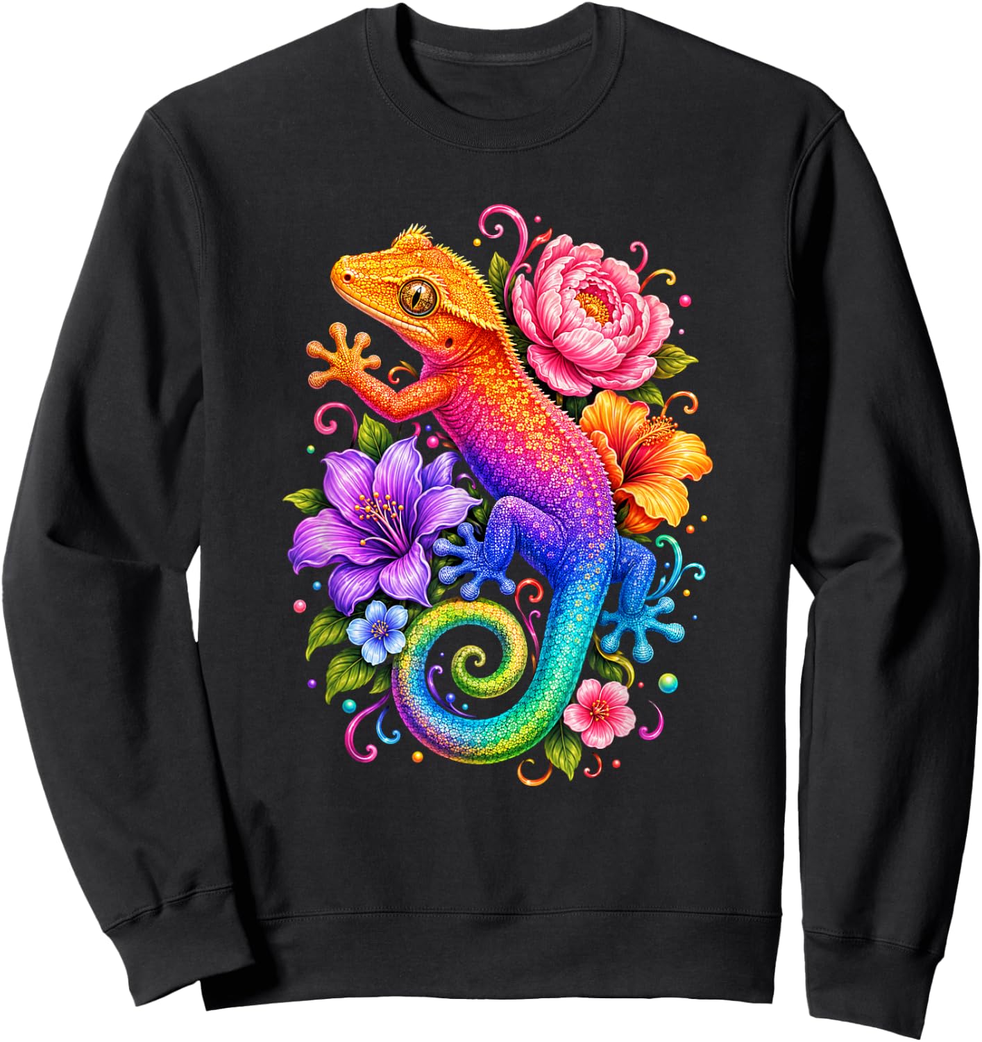 Cute Colorful Crested Gecko Flowers Rainbow Women Girls Kids Sweatshirt - Sweatshirt | Black
