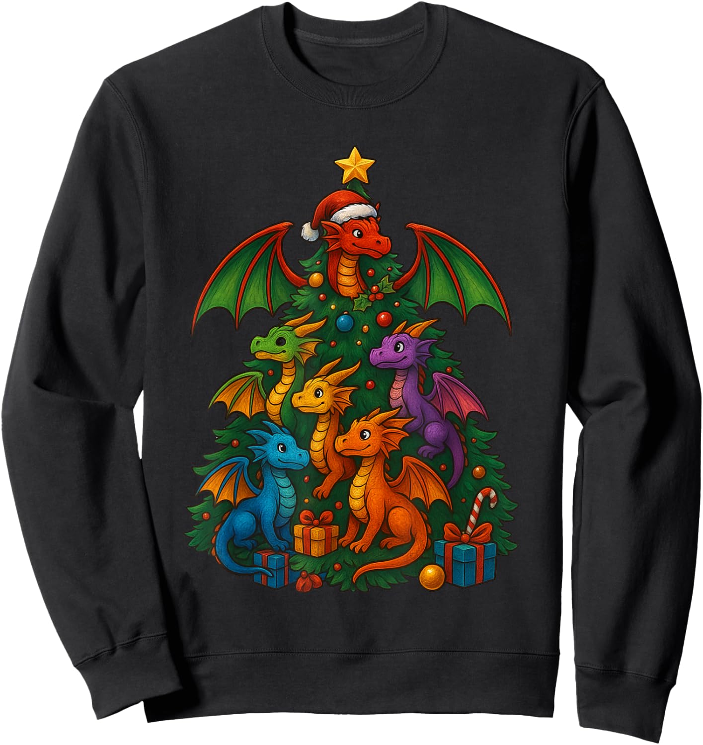 Dragon Christmas Tree Funny Dragon Xmas Sweatshirt - Sweatshirt | Black