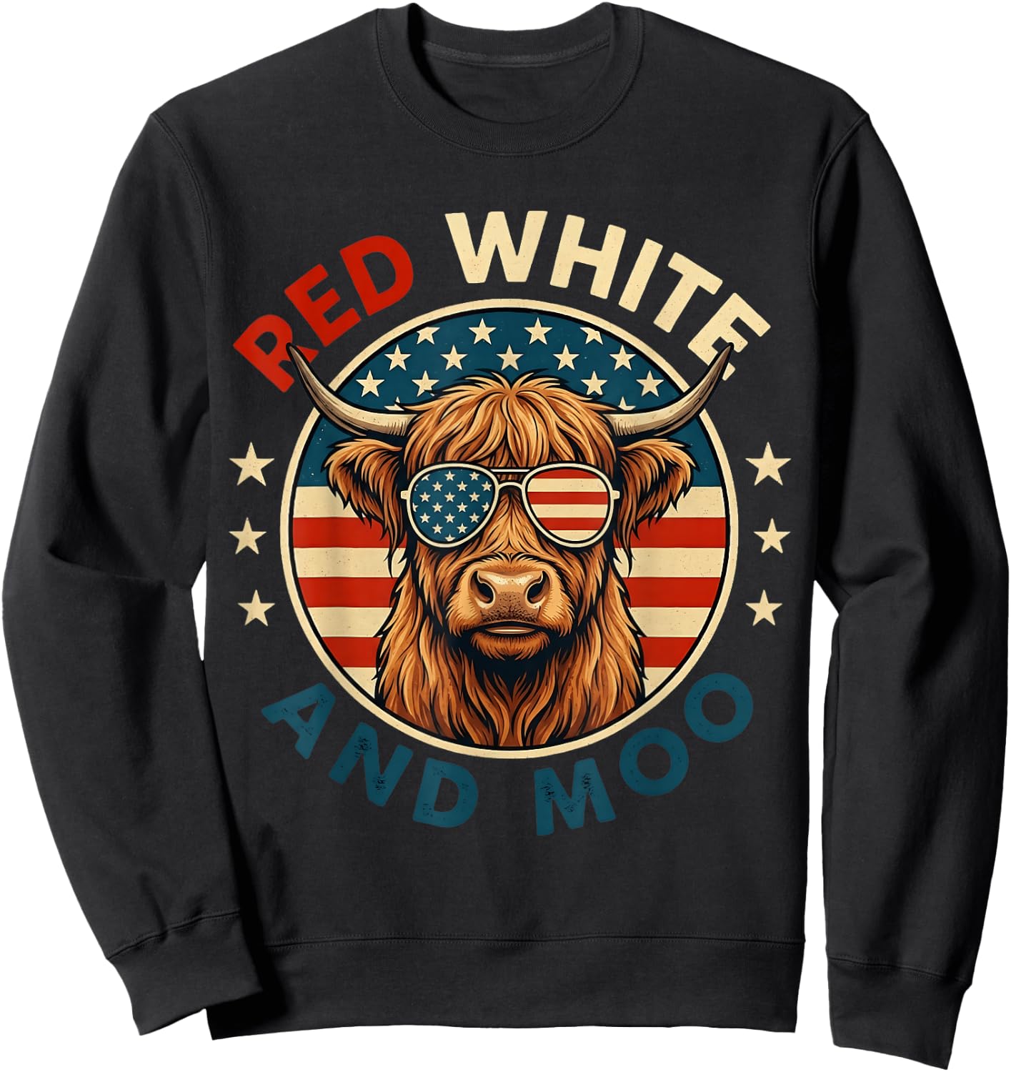 Red White and Moo Funny Toddler Highland Cow 4th of July Sweatshirt - Sweatshirt | Black