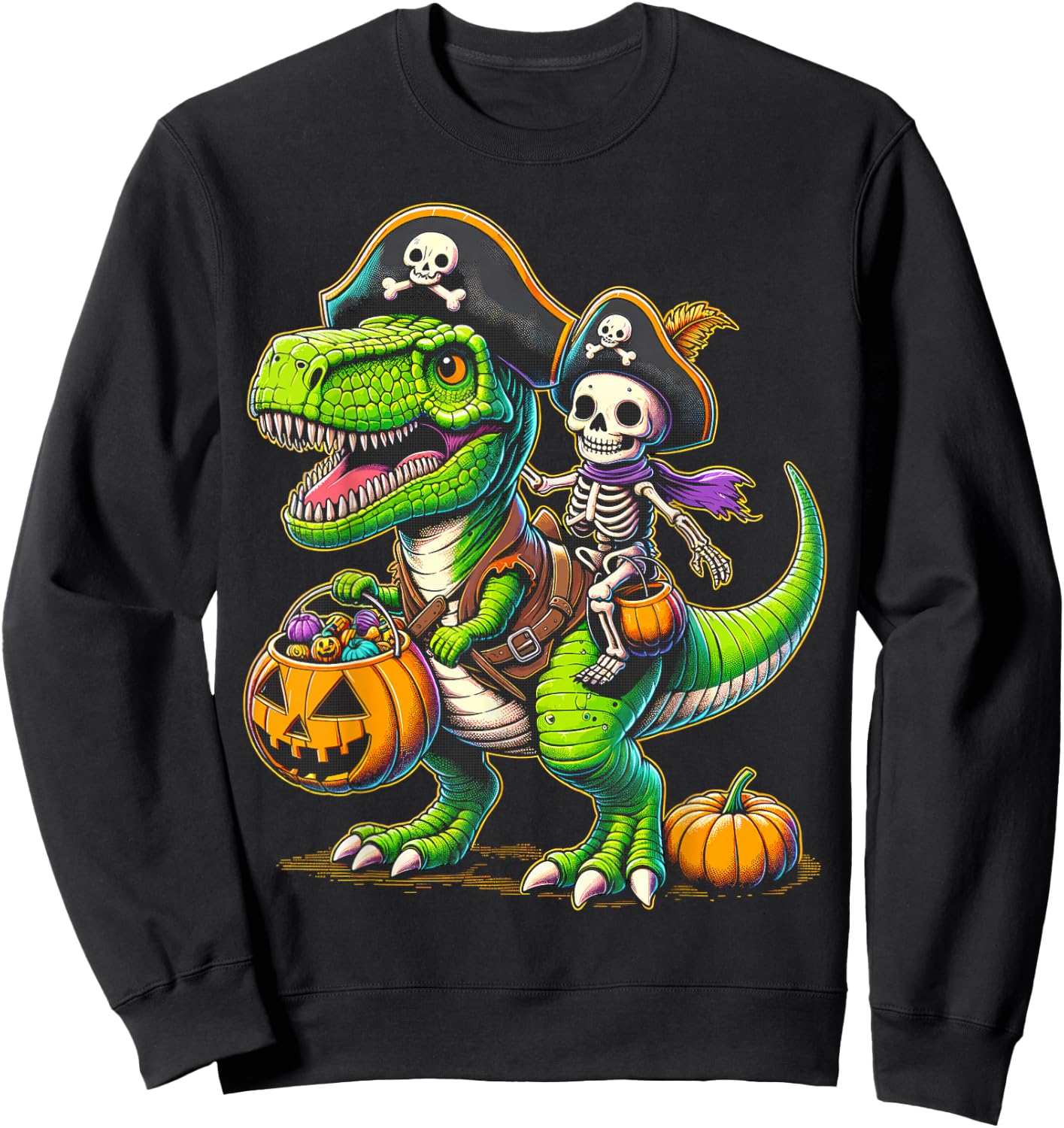 Halloween Funny T Rex Dinosaur Pirate Boys Trick Treat Sweatshirt - Sweatshirt | Black