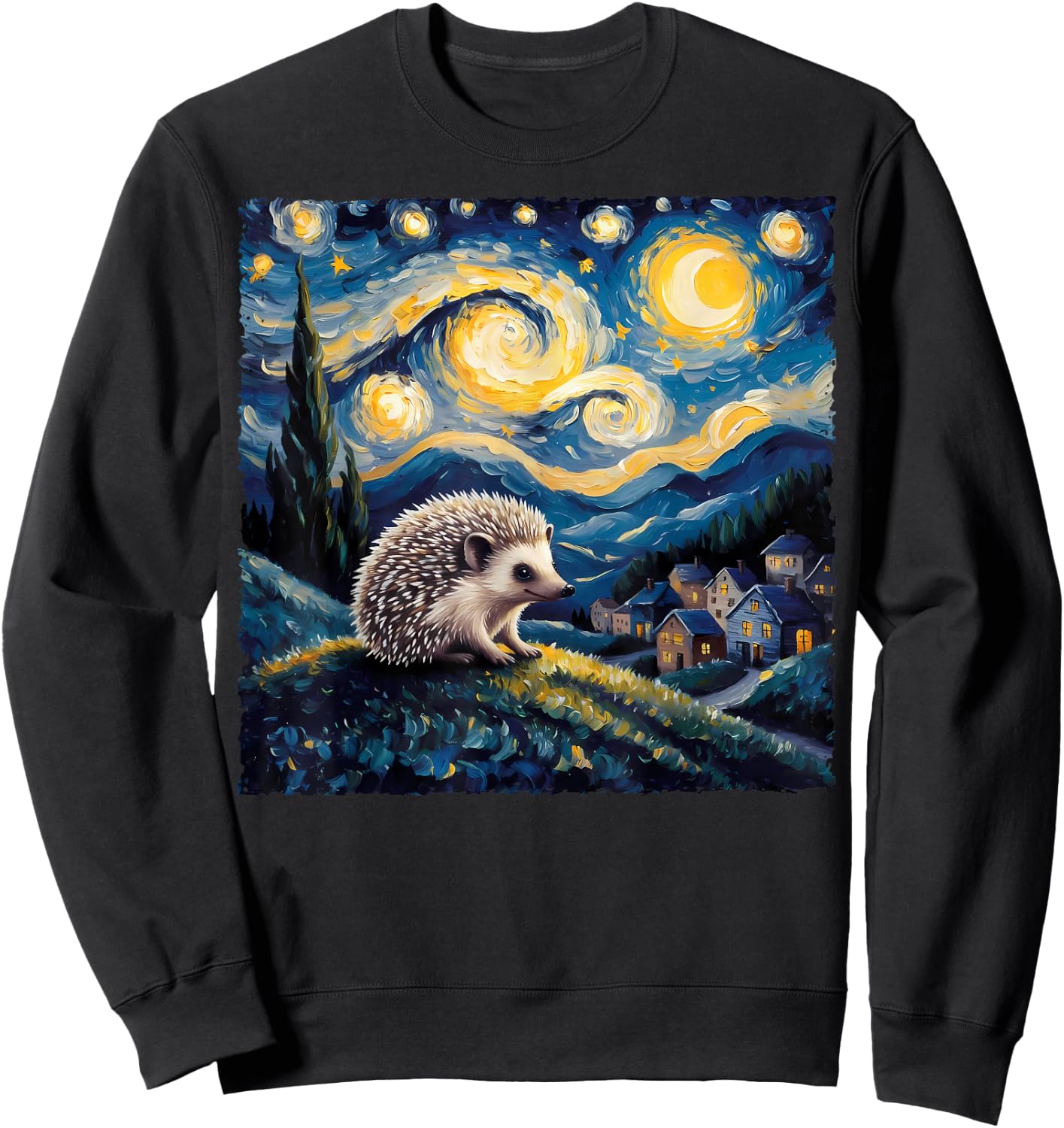 Van Gogh Style Funny Hedgehog Lover Starry Night Painting Sweatshirt - Sweatshirt | Black