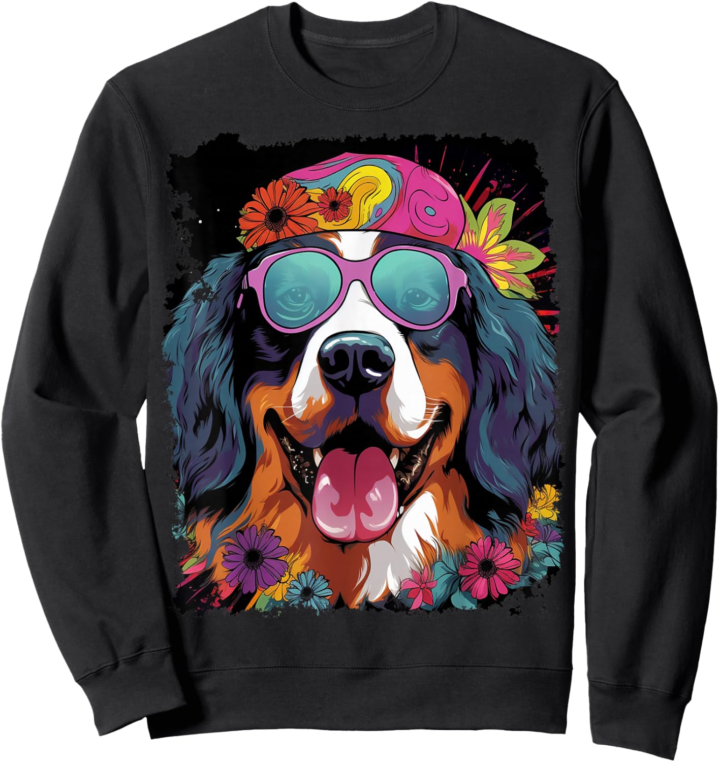 Pop Art Bernese Mountain Dog Flower Love Peace Sweatshirt - Sweatshirt | Black