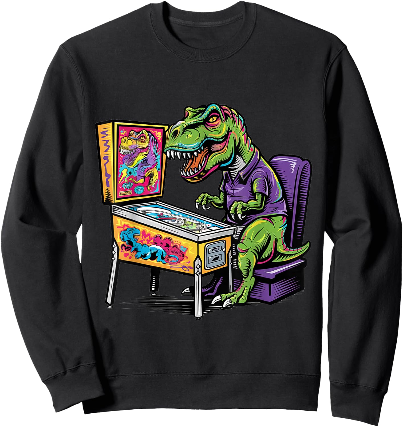 Funny T-rex Dinosaur Playing on Pinball Machine Retro Art Sweatshirt - Sweatshirt | Black