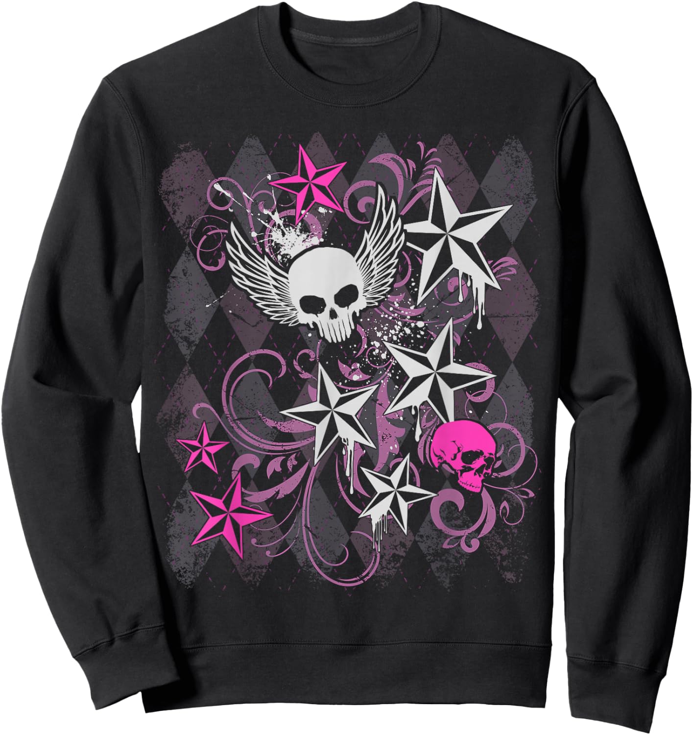 Y2k Grunge with Skull Wings Star Hot Pink 2000s Emo Teen Sweatshirt - Sweatshirt | Black