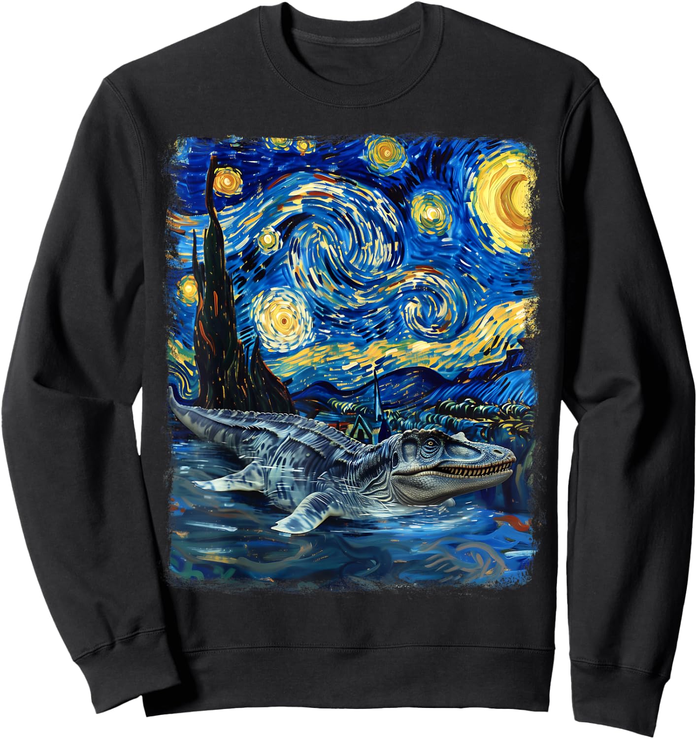 Mosasaurus Dinosaur Starry Night Painting Sweatshirt - Sweatshirt | Black