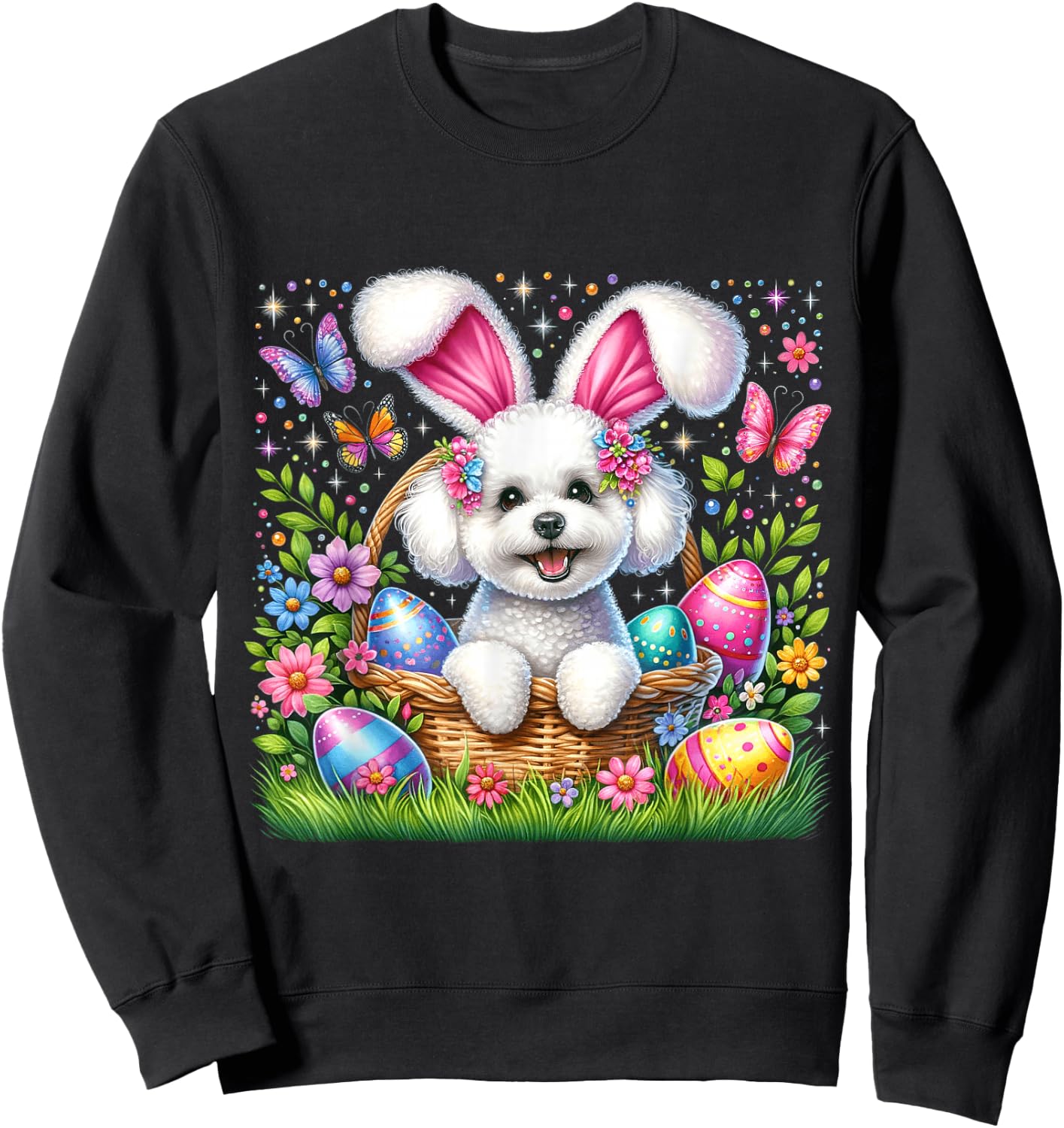 Cute Bunny Bichon Frise Dog Easter Eggs Basket Easter Day Sweatshirt - Sweatshirt | Black