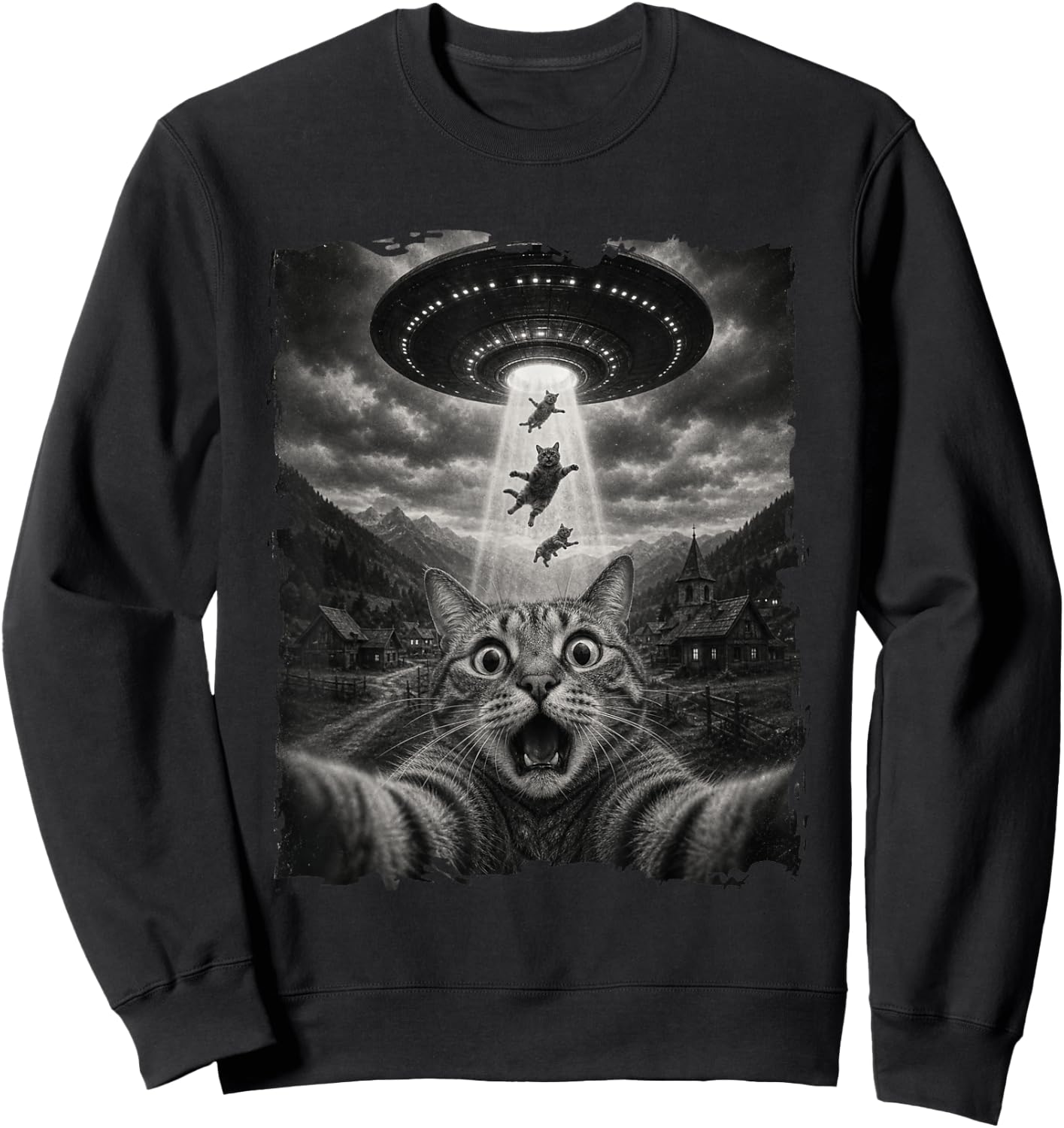 Funny Cat Seflie with Alien UFO Abduction Space Cat Meme Sweatshirt - Sweatshirt | Black