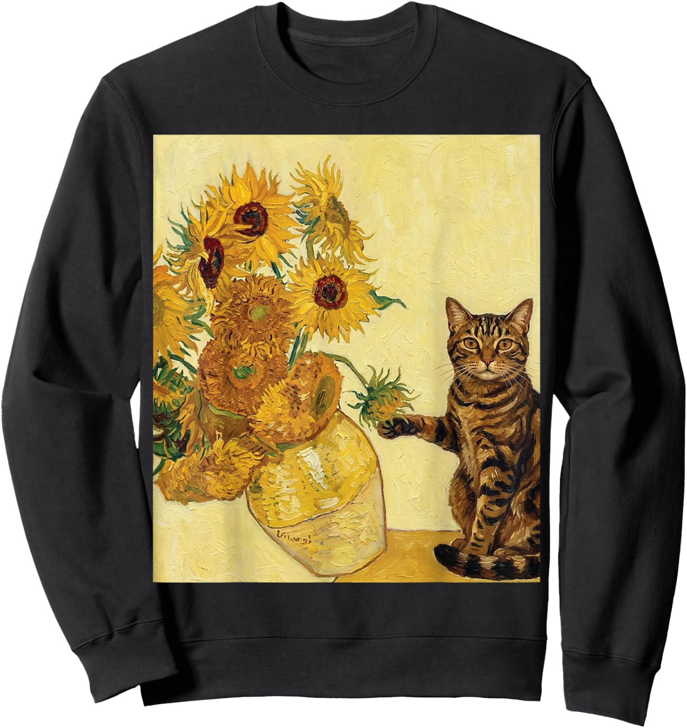 Funny Tabby Cat & Sunflowers Van Gogh Art Parody Sweatshirt - Sweatshirt | Black