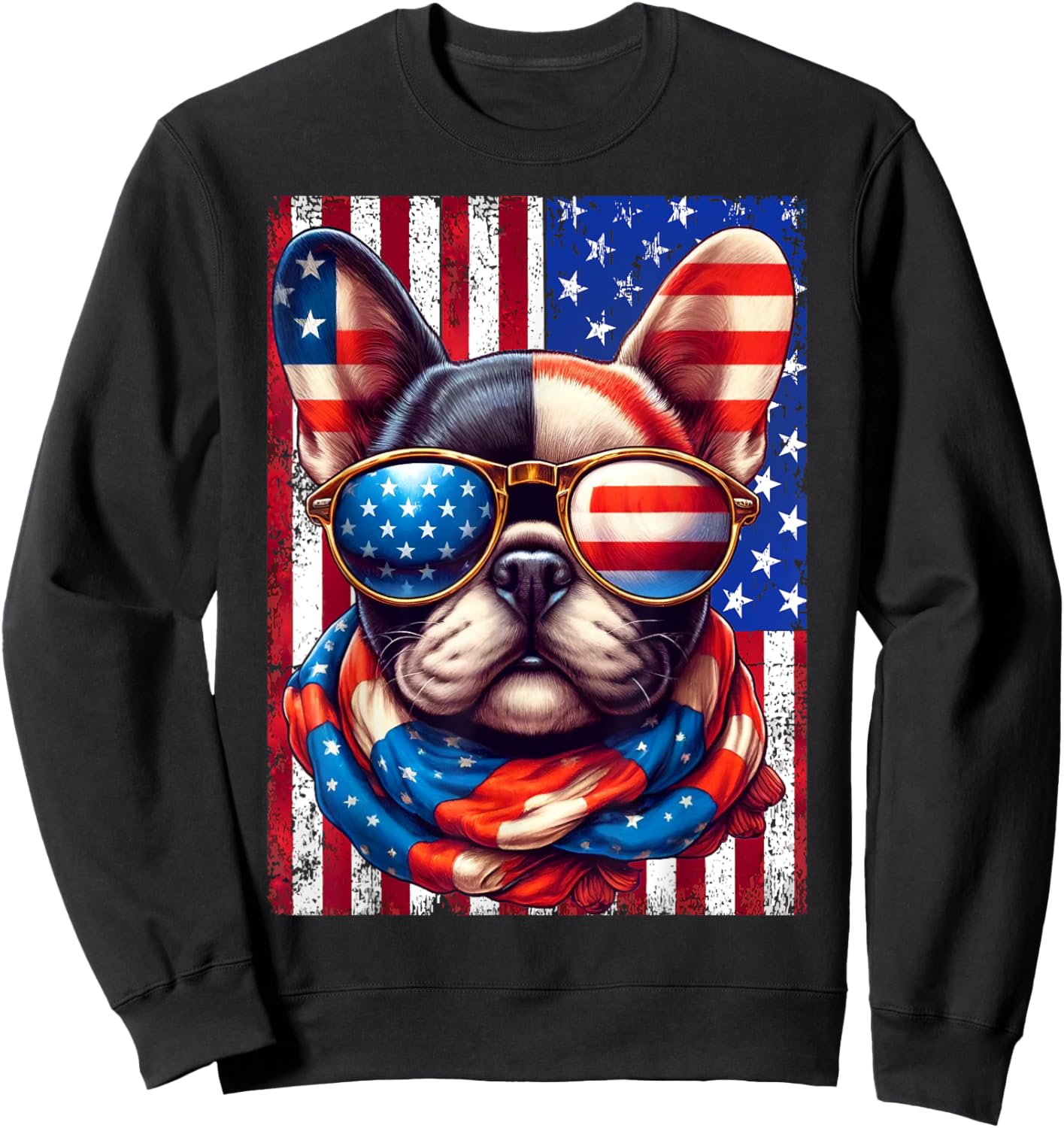 French Bulldog USA Flag Sunglasses 4th of July Patriotic Dog Sweatshirt - Sweatshirt | Black