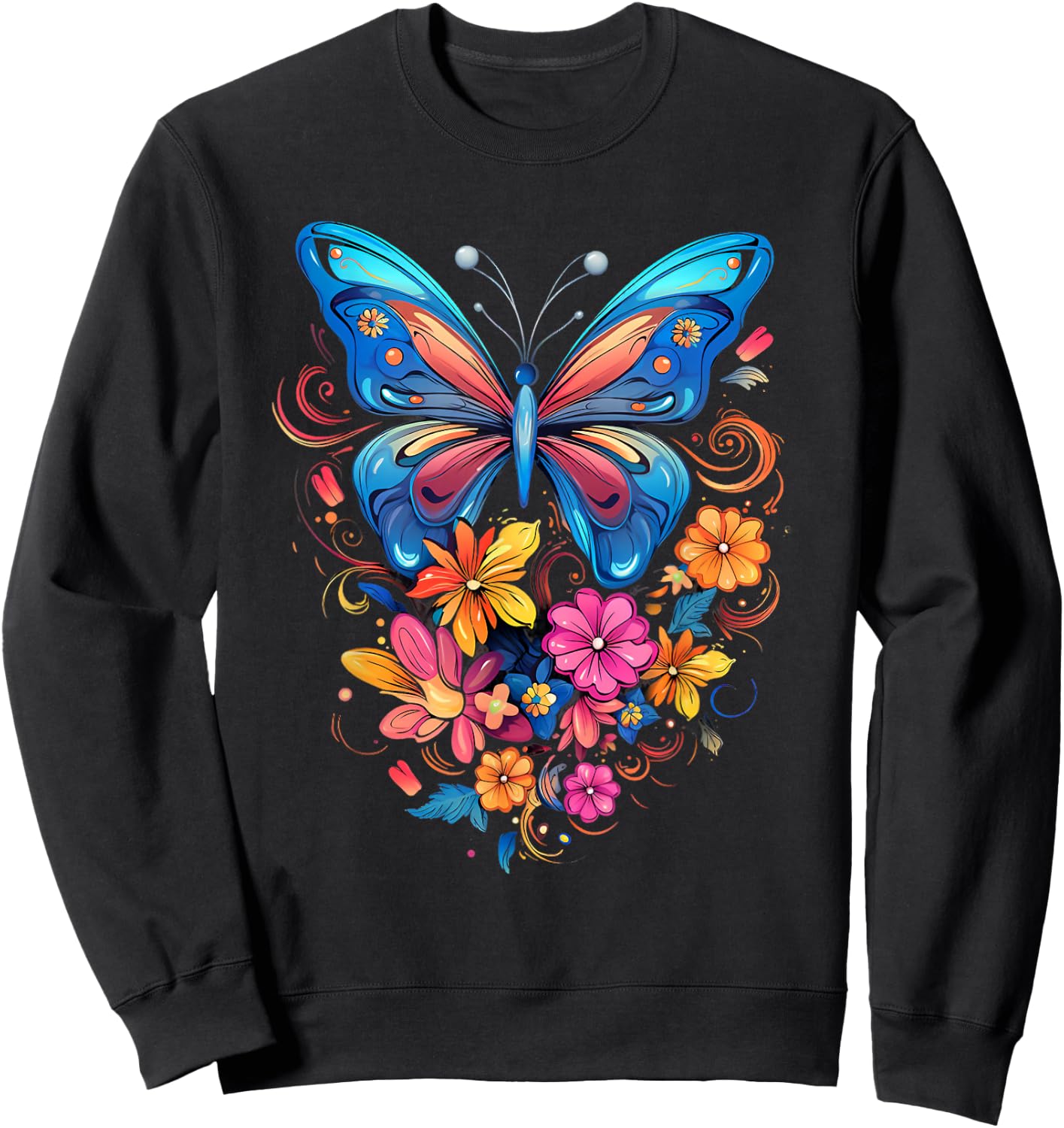 Butterfly with Flowers I Aesthetic Butterfly Sweatshirt - Sweatshirt | Black