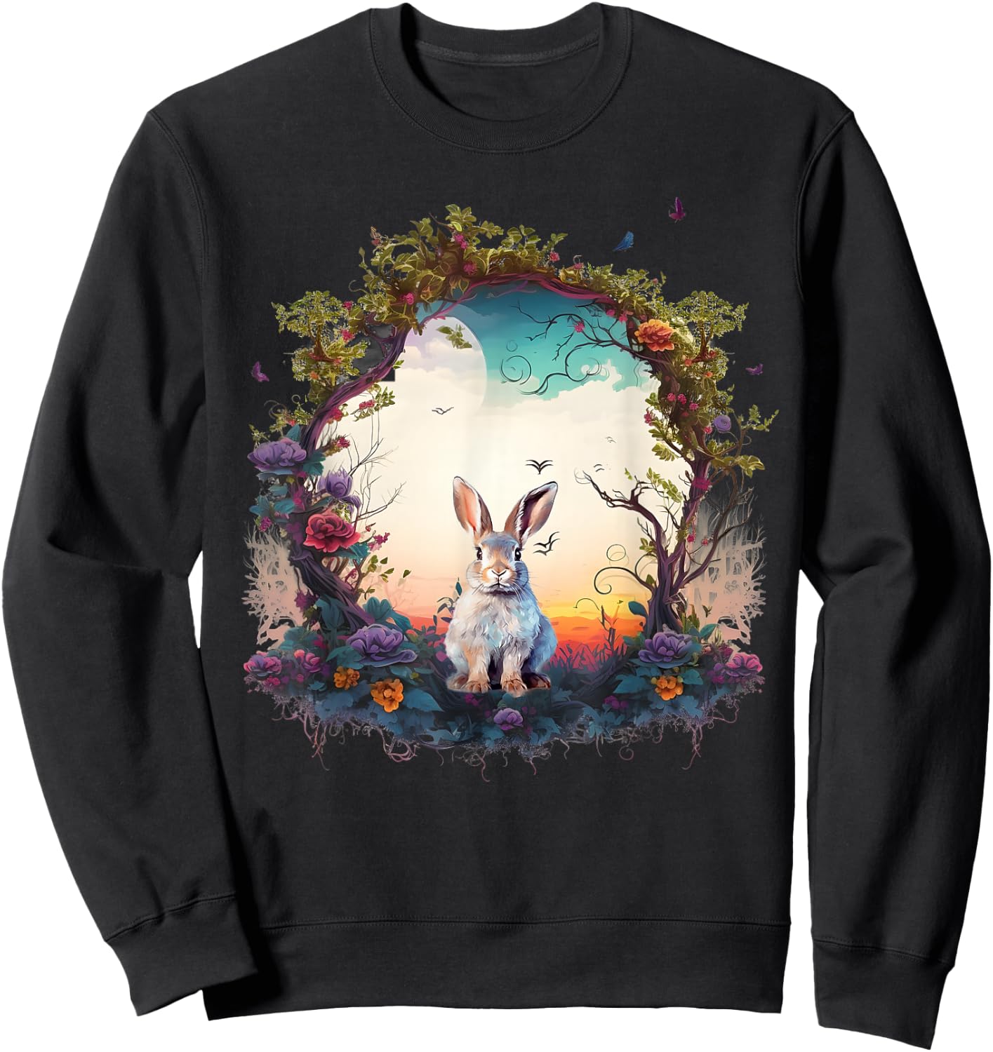 Mountain Woodland Animals Cute Rabbit Nature Floral Sweatshirt - Sweatshirt | Black