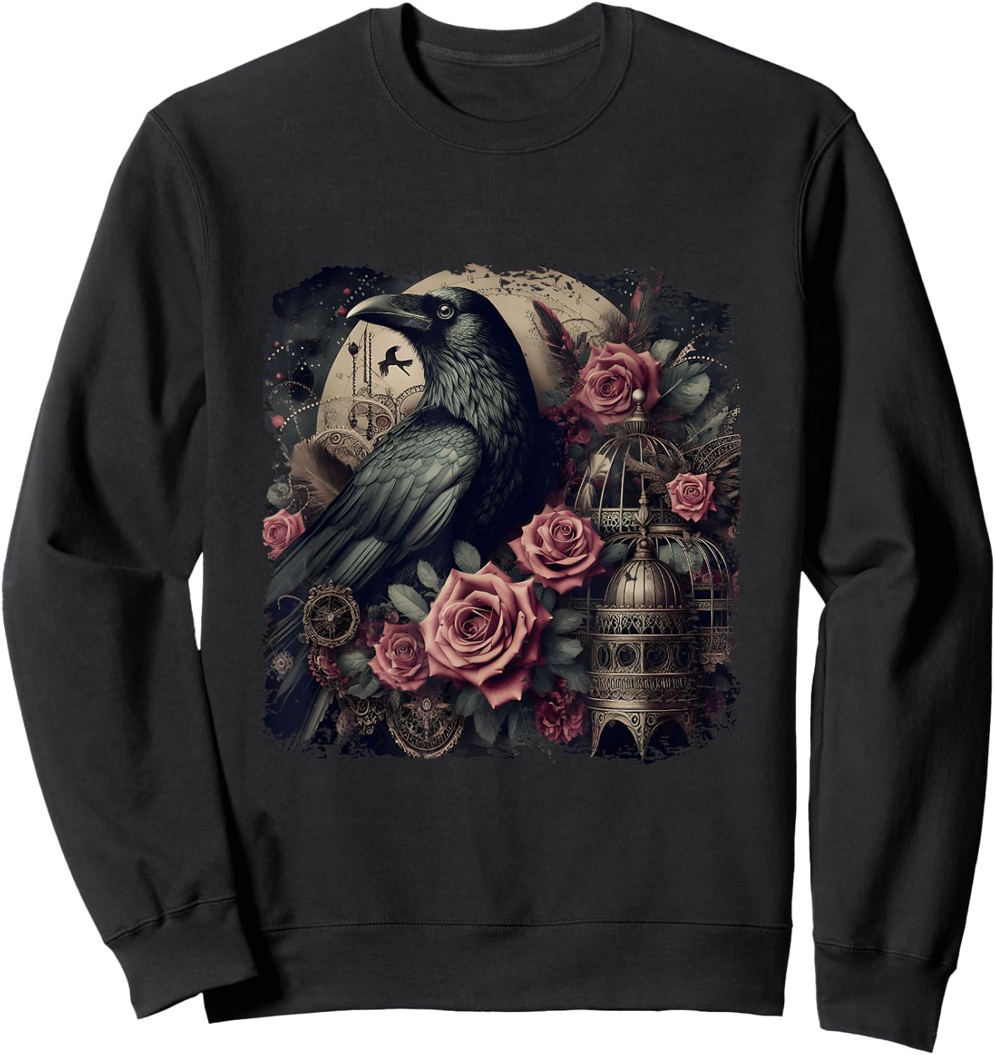 Gothic Raven Rose Enchanted Vintage Floral Crow Halloween Sweatshirt - Sweatshirt | Black