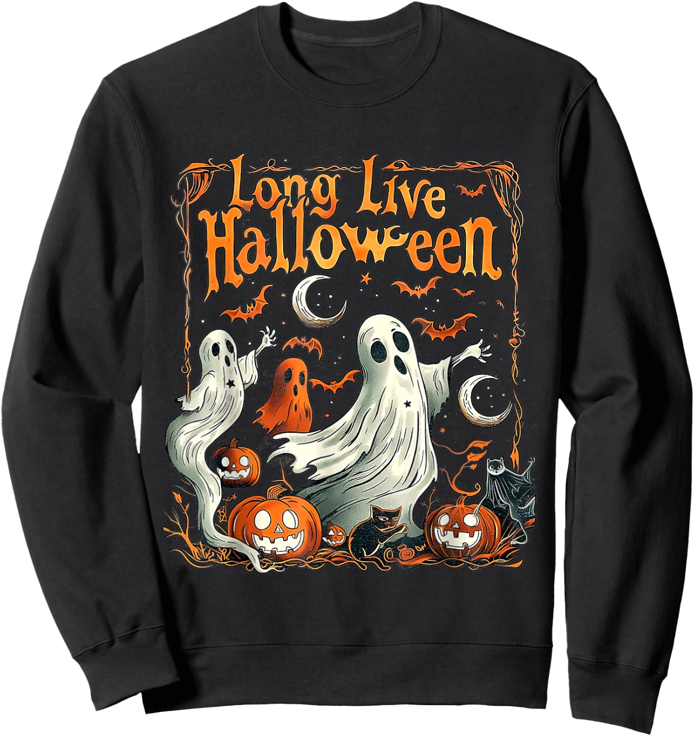 Retro Long Live Halloween Spooky Season Pumpkin Ghost Sweatshirt - Sweatshirt | Black