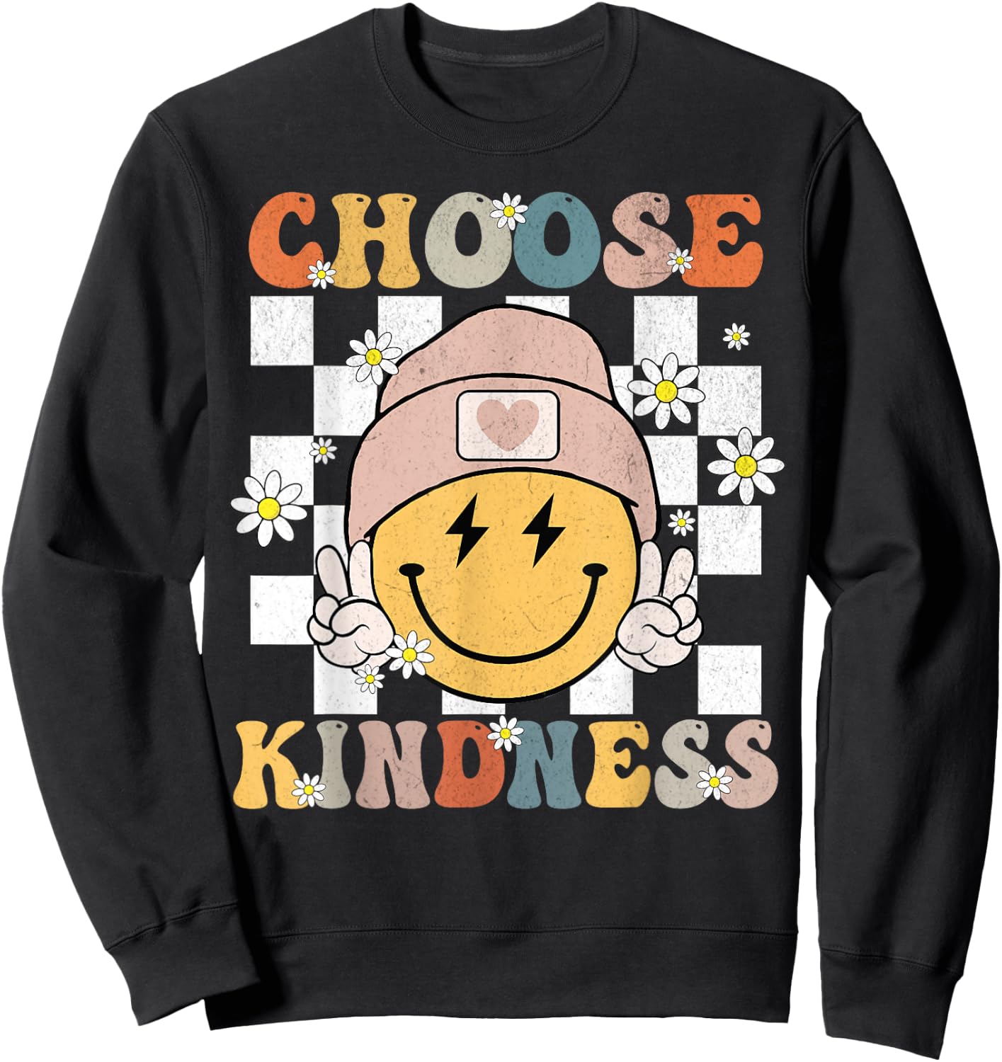 Retro Choose Kindness Smile Face Groovy Be Kind Women Kids Sweatshirt - Sweatshirt | Black