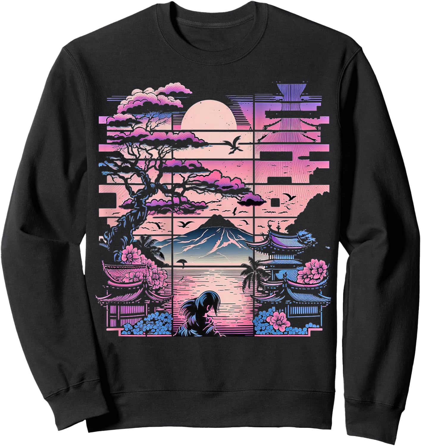 Backprint Japan Aesthetic Vaporwave Cherry Blossom Sweatshirt - Sweatshirt | Black