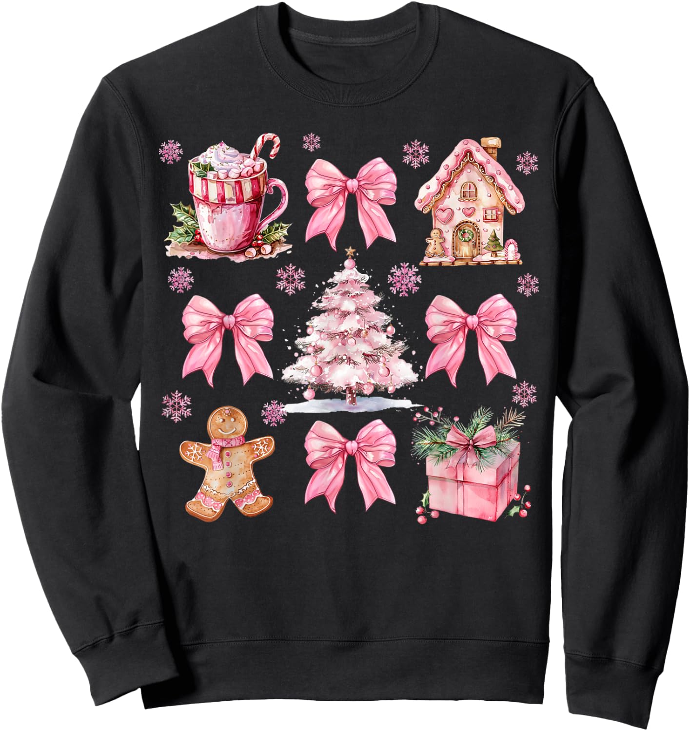 Cute Pink Coquette Bow Gingerbreads Coffee Family Xmas Tree Sweatshirt - Sweatshirt | Black