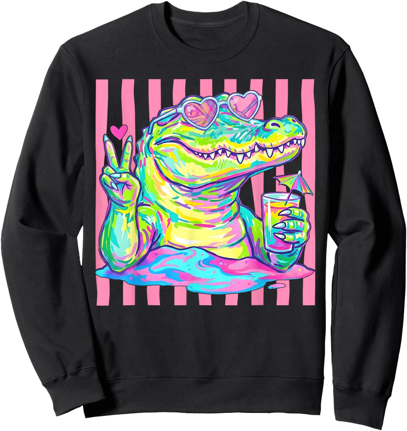 Preppy Alligator Heart Sunglasses Striped Aesthetic Summer Sweatshirt - Sweatshirt | Black