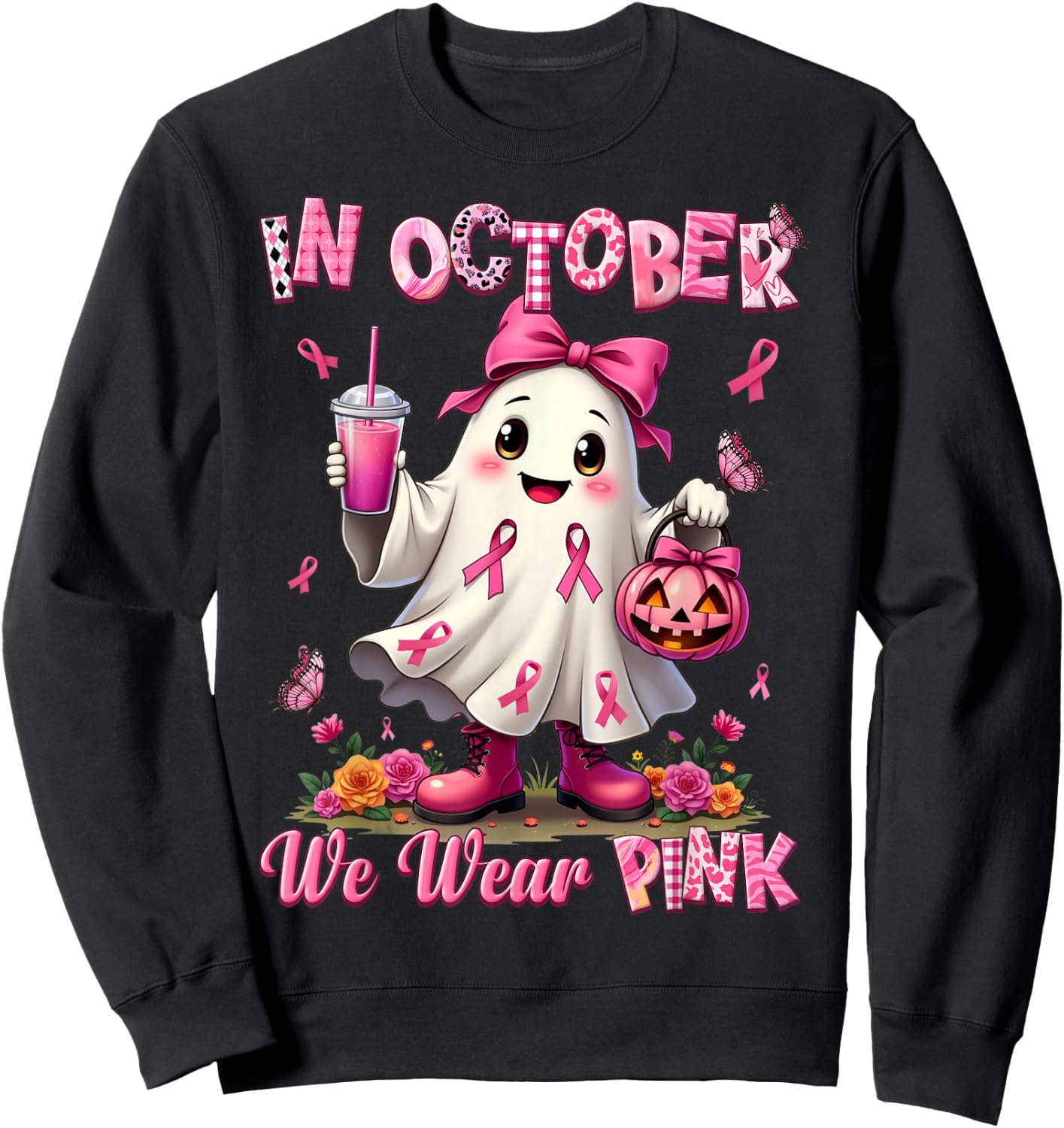 In October We Wear Pink Ghost Breast Cancer Awareness Sweatshirt - Sweatshirt | Black