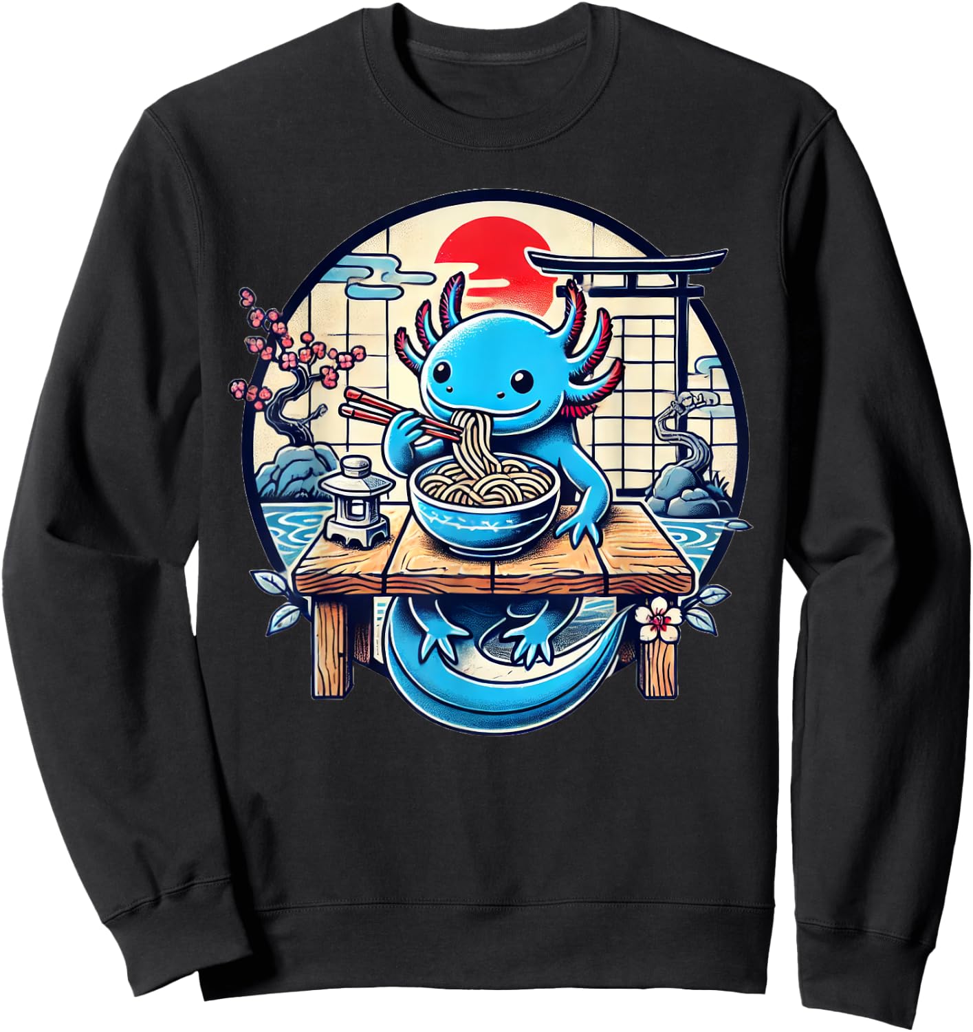Kawaii Axolotl Eating Ramen Noodles Japanese Sweatshirt - Sweatshirt | Black