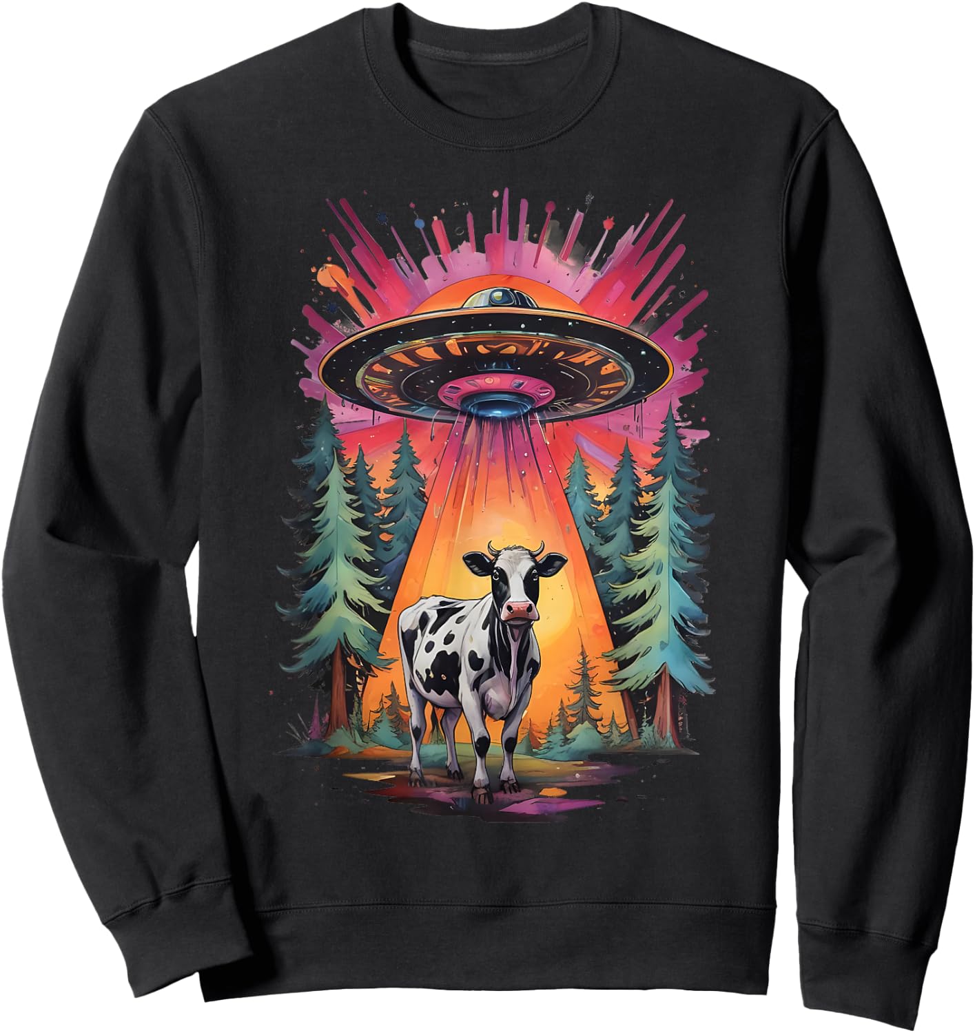 Funny Vintage Retro Graphic Alien UFO Cow Abduction BELIEVE Sweatshirt - Sweatshirt | Black