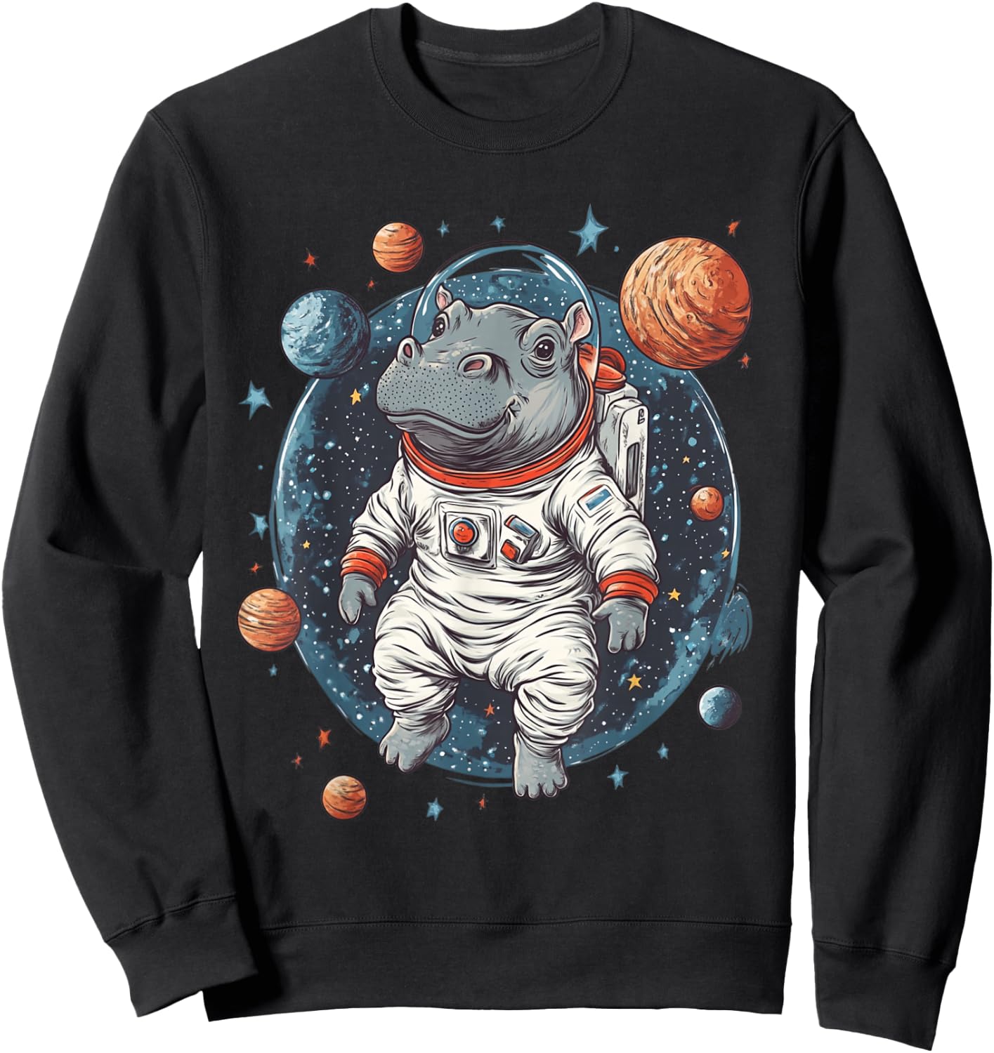 Funny Hippo In Space Planets Hippopotamus Sweatshirt - Sweatshirt | Black