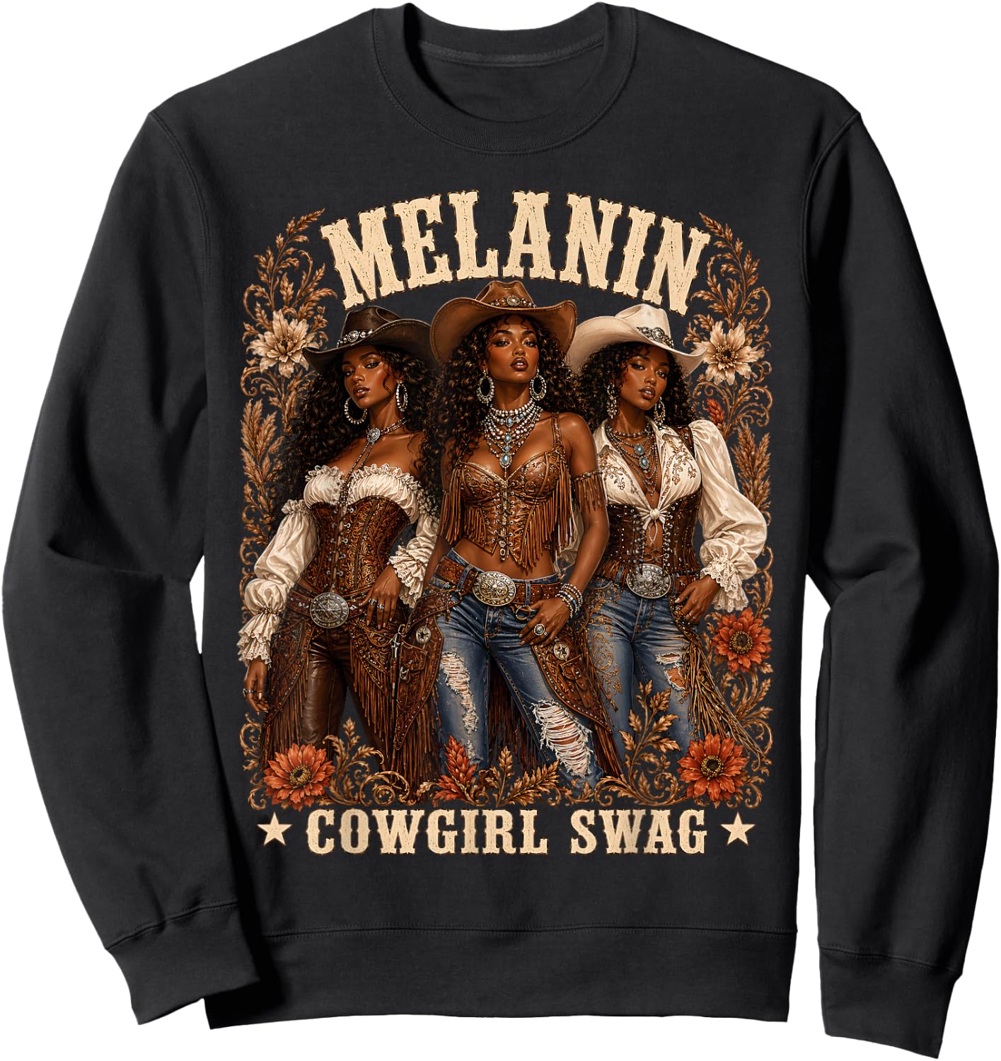 Cowgirl African Melanin Cow Girl Outfit Sweatshirt - Sweatshirt | Black