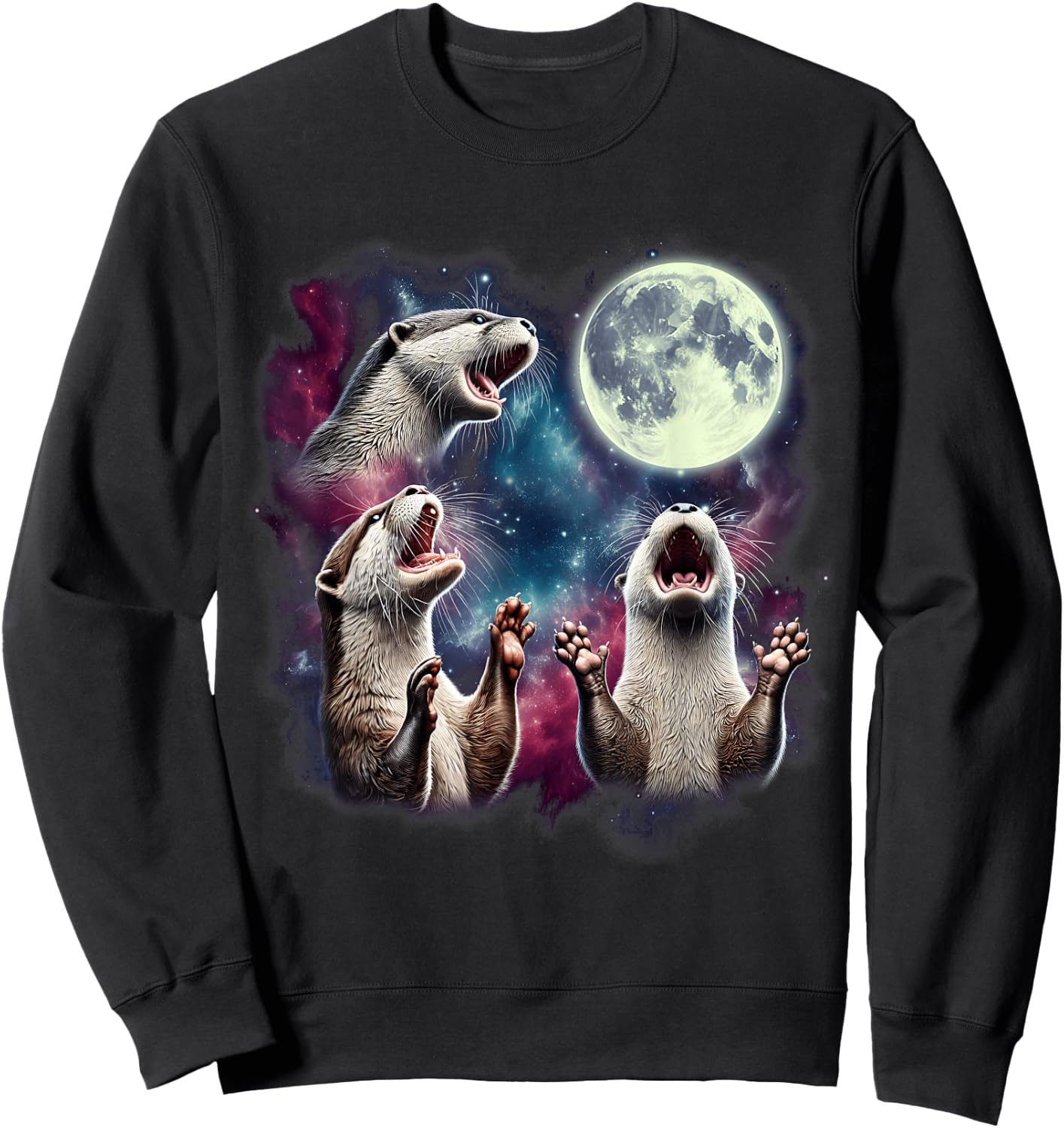 Three Otters Howling at Moon Funny Weird Cursed Meme Sweatshirt - Sweatshirt | Black