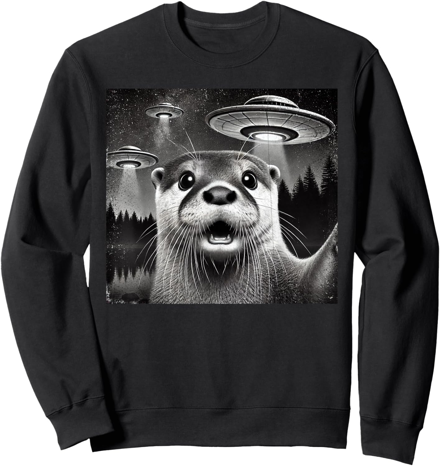 Funny otter Selfie with Alien UFO otters and alien lovers Sweatshirt - Sweatshirt | Black