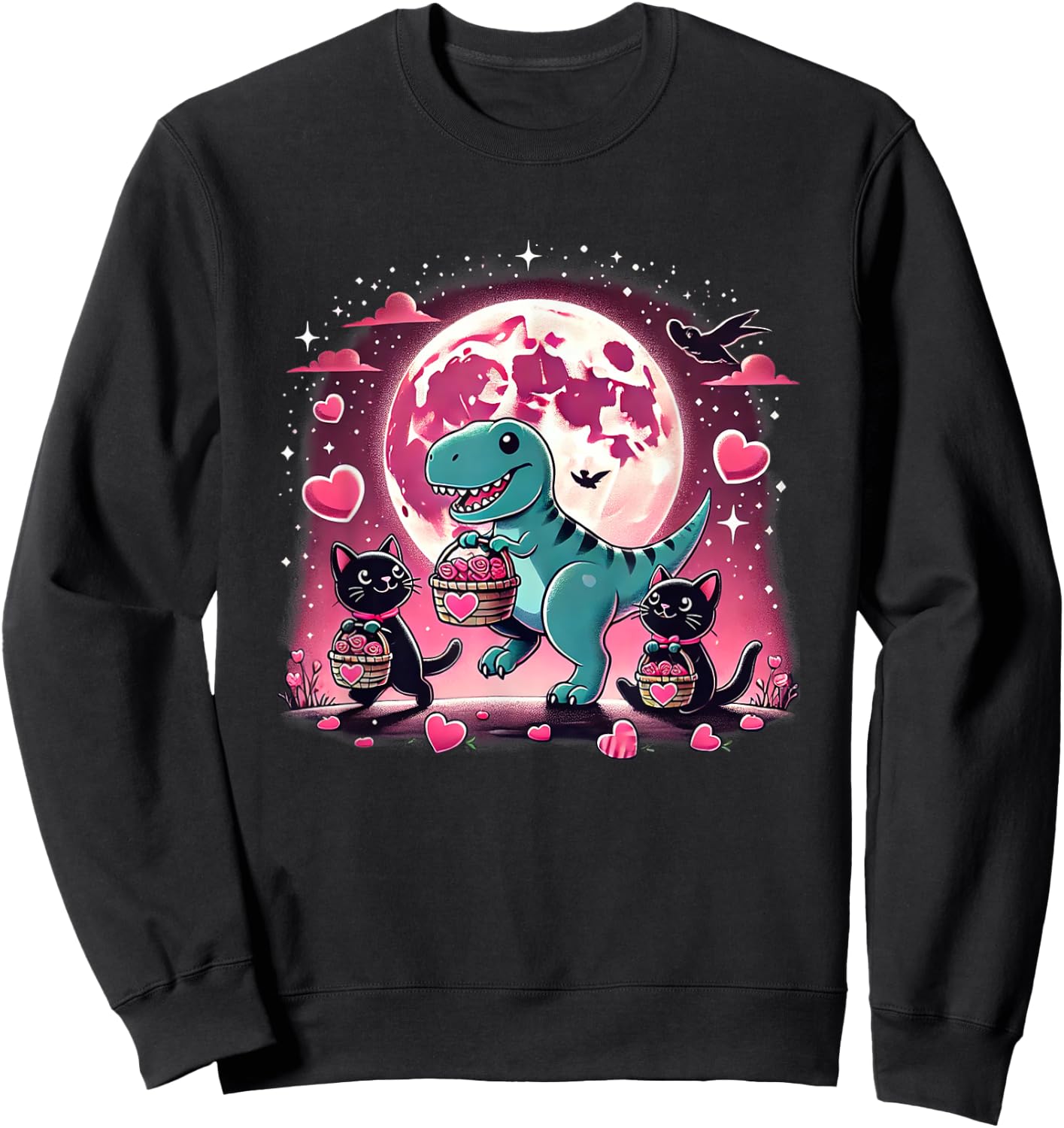 Funny Cats and Dino Valentine’s T-Rex Hearts Sweatshirt - Sweatshirt | Black