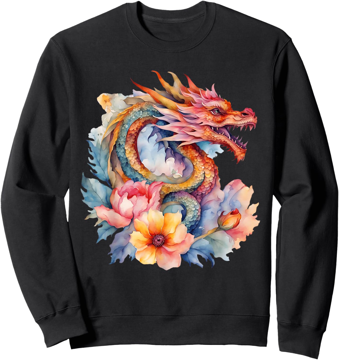 Watercolor Dragon Flowers Beautiful Art Colorful Graphic Sweatshirt - Sweatshirt | Black