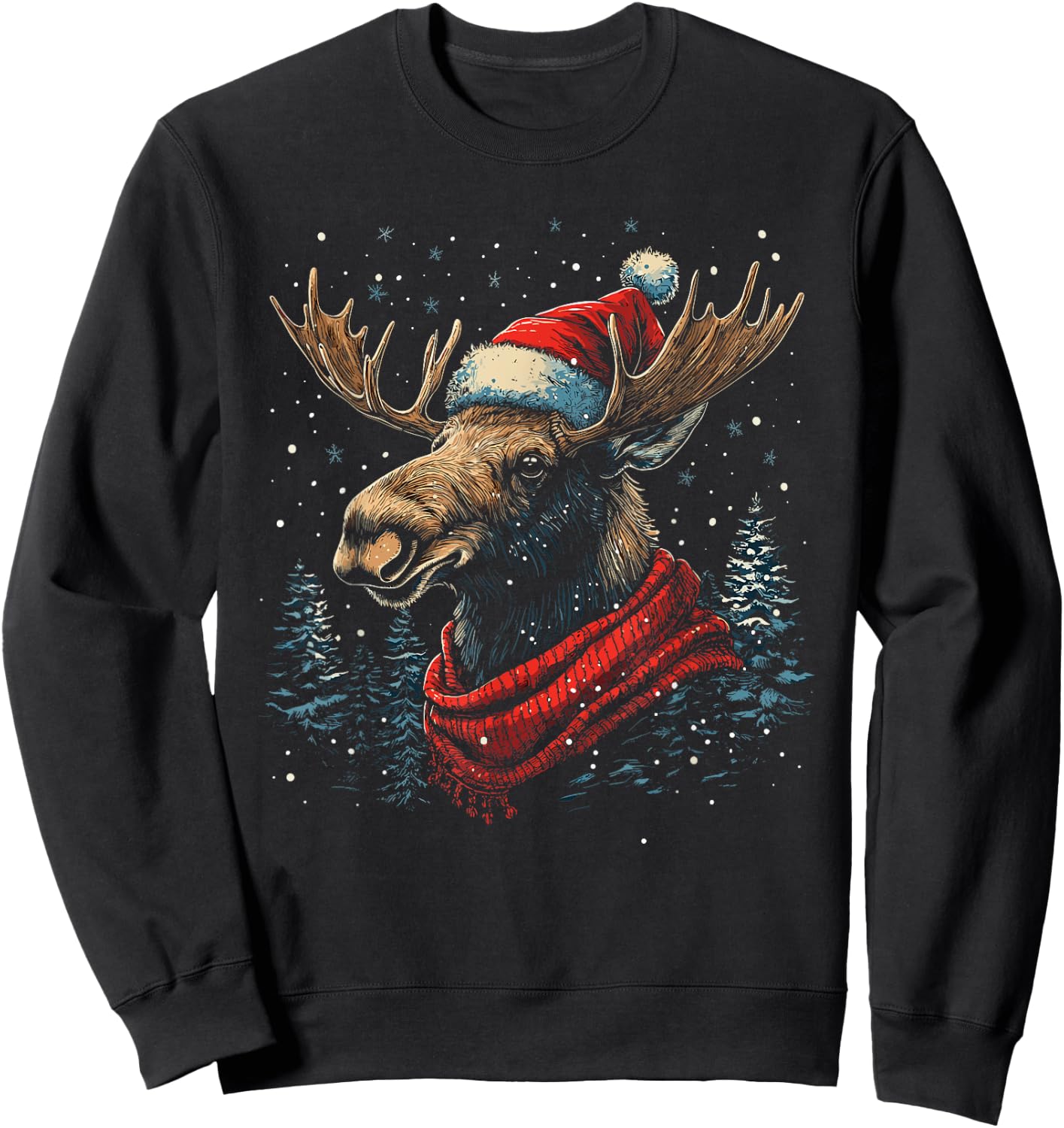 Moose Santa Hat Christmas Pajama Funny Moose Xmas Sweatshirt - Sweatshirt | Black