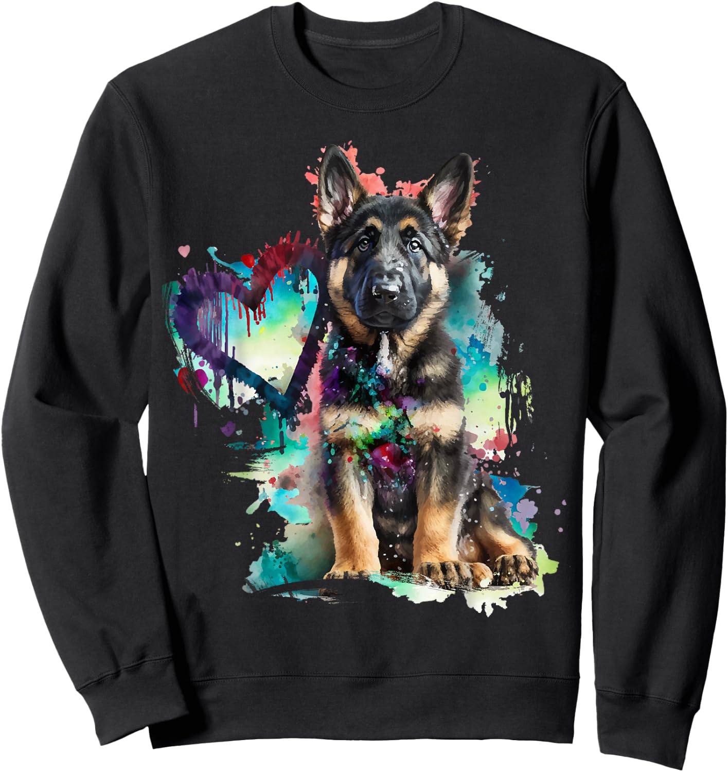 German Shepherd Puppy Mom Lover Watercolor Painting Heart Sweatshirt - Sweatshirt | Black