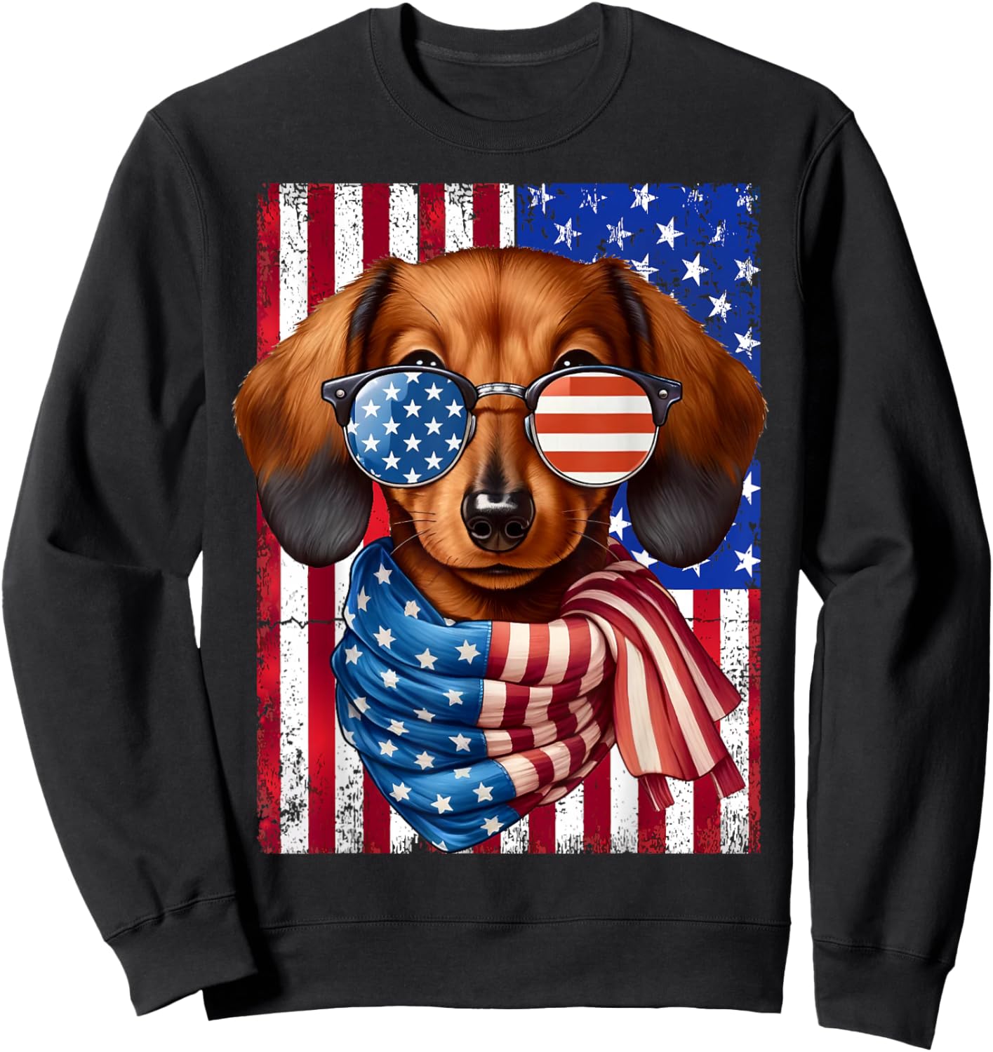 Dachshund Dog USA Flag Sunglasses Patriotic 4th of July Men Women Sweatshirt - Sweatshirt | Black