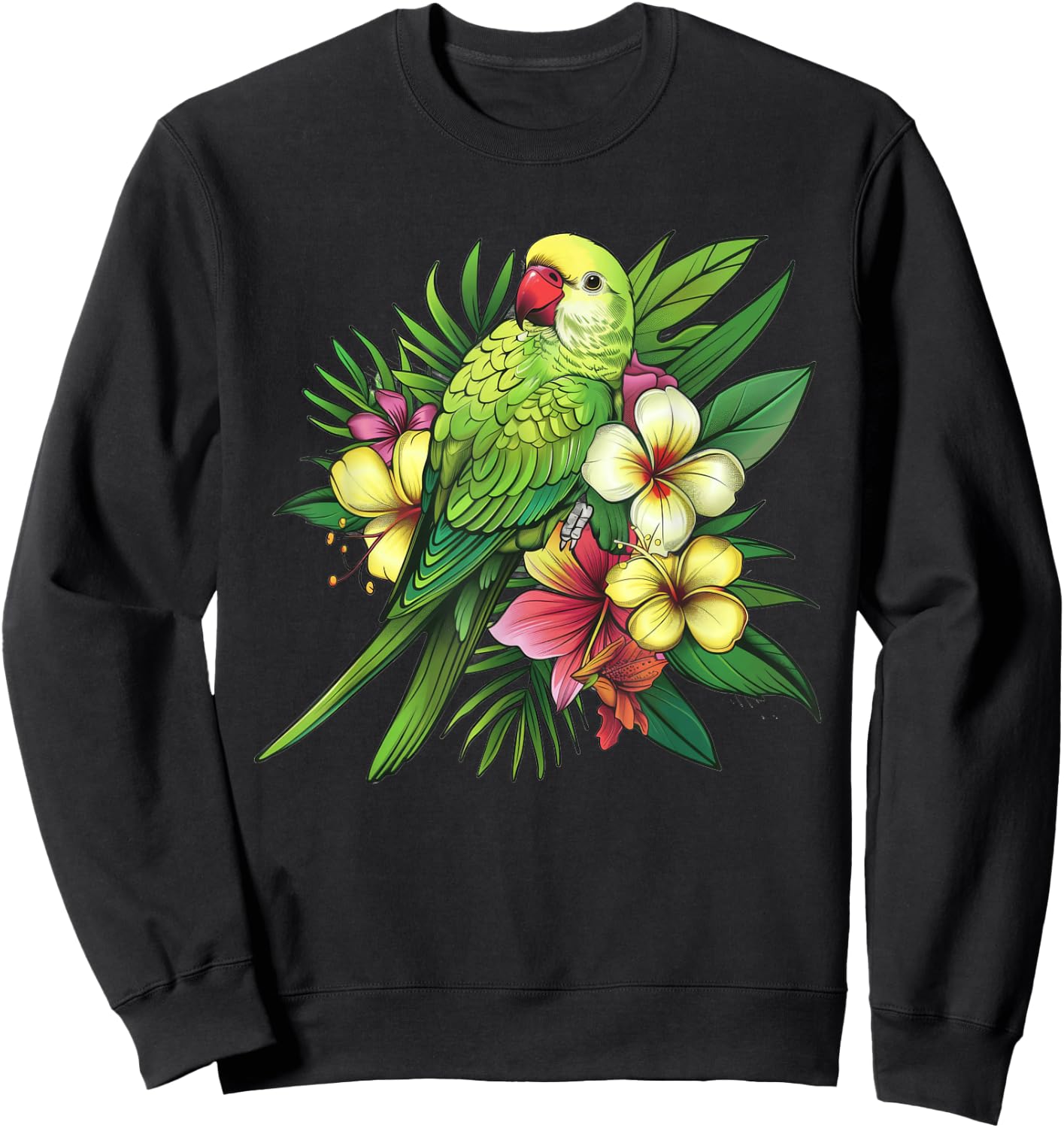 Monk Parakeet With Tropical Flowers Sweatshirt - Sweatshirt | Black