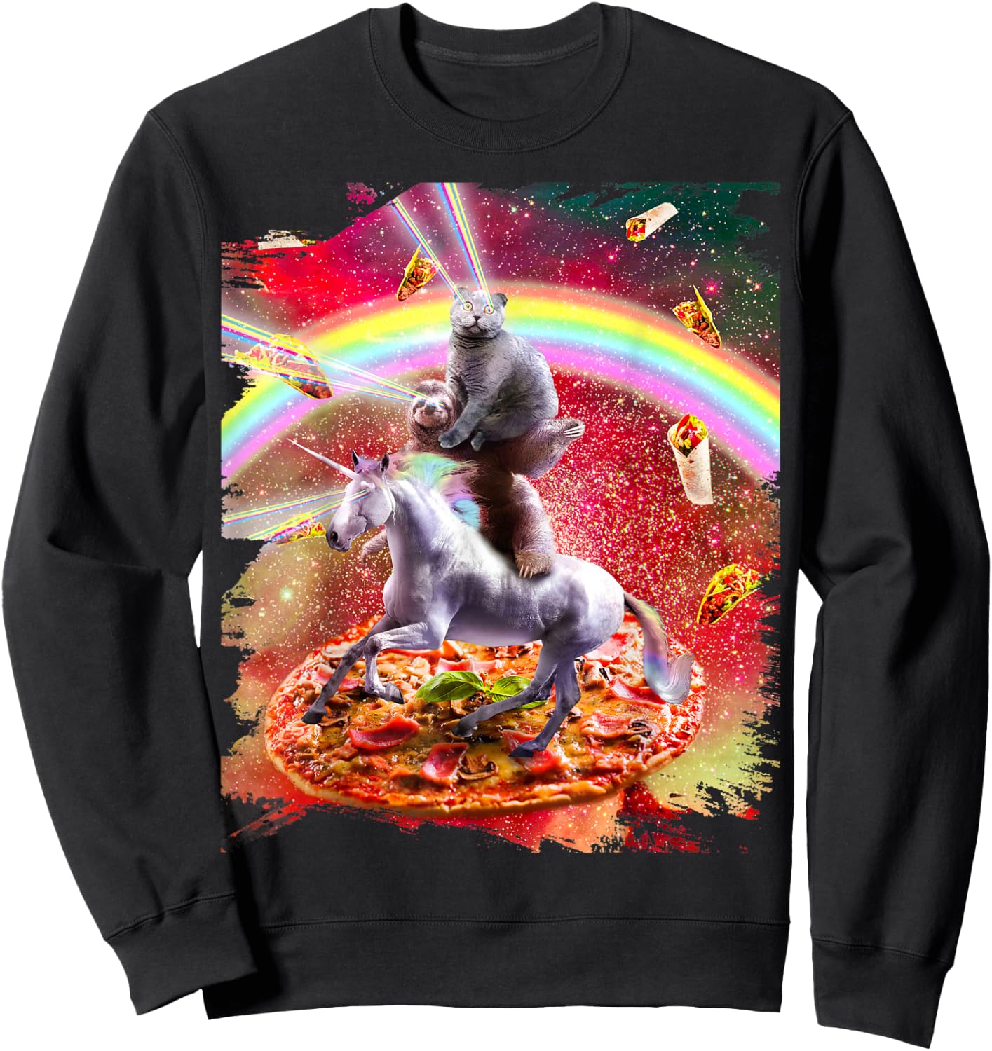 Laser Eyes Space Cat On Sloth Unicorn - Rainbow Sweatshirt - Sweatshirt | Black