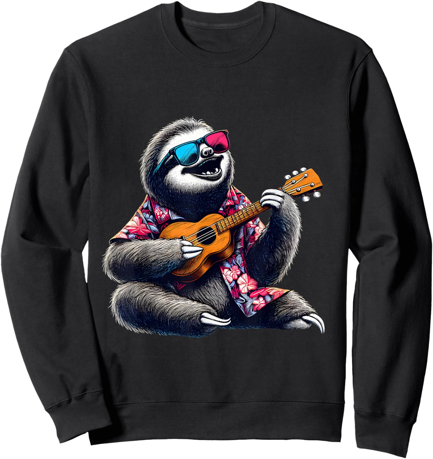 Sloth Wearing a Hawaiian Shirt, Playing a Ukulele Sweatshirt - Sweatshirt | Black