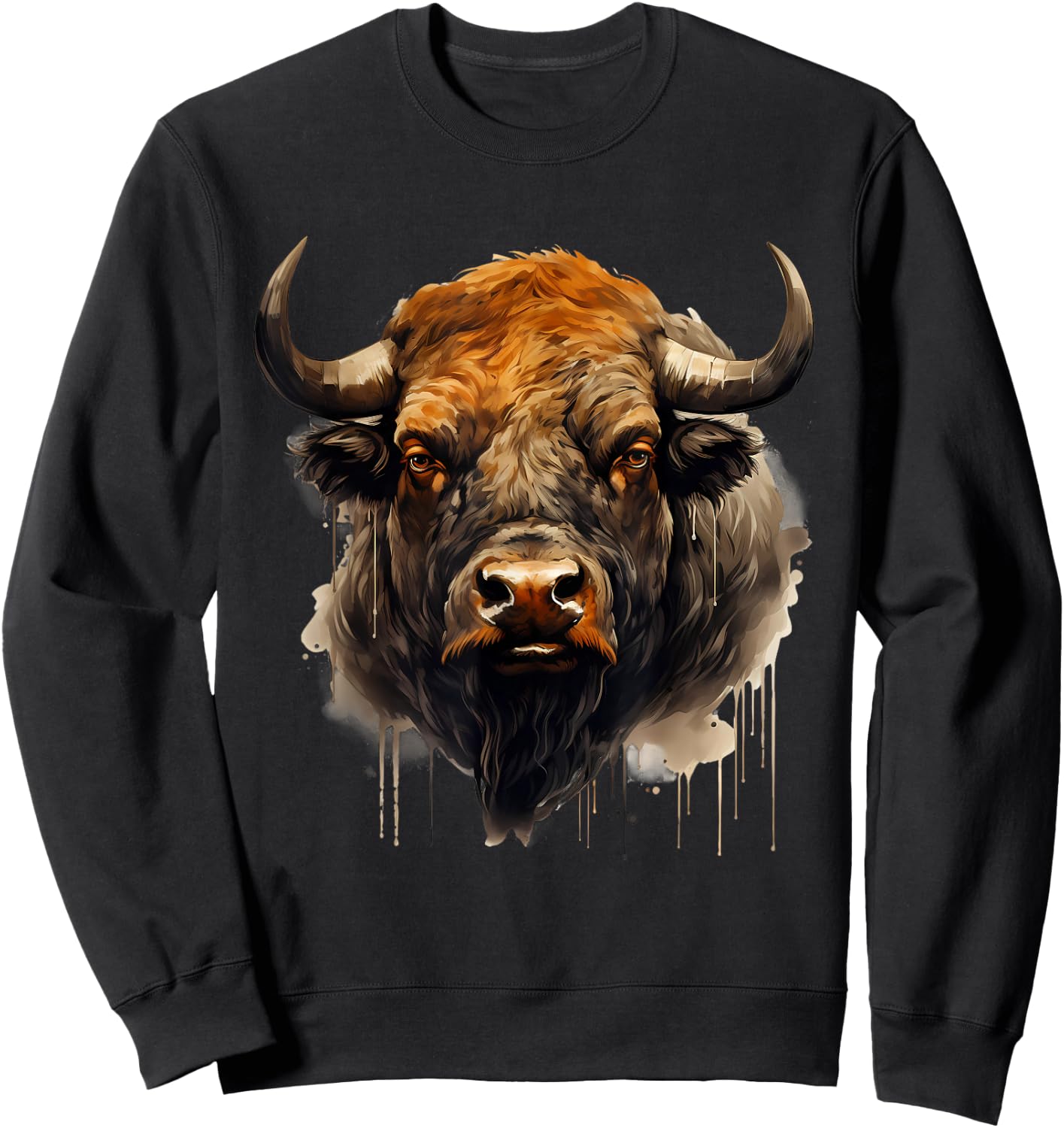 Buffalo Animal Print Motif Portrait Bison Nature Artwork Sweatshirt - Sweatshirt | Black