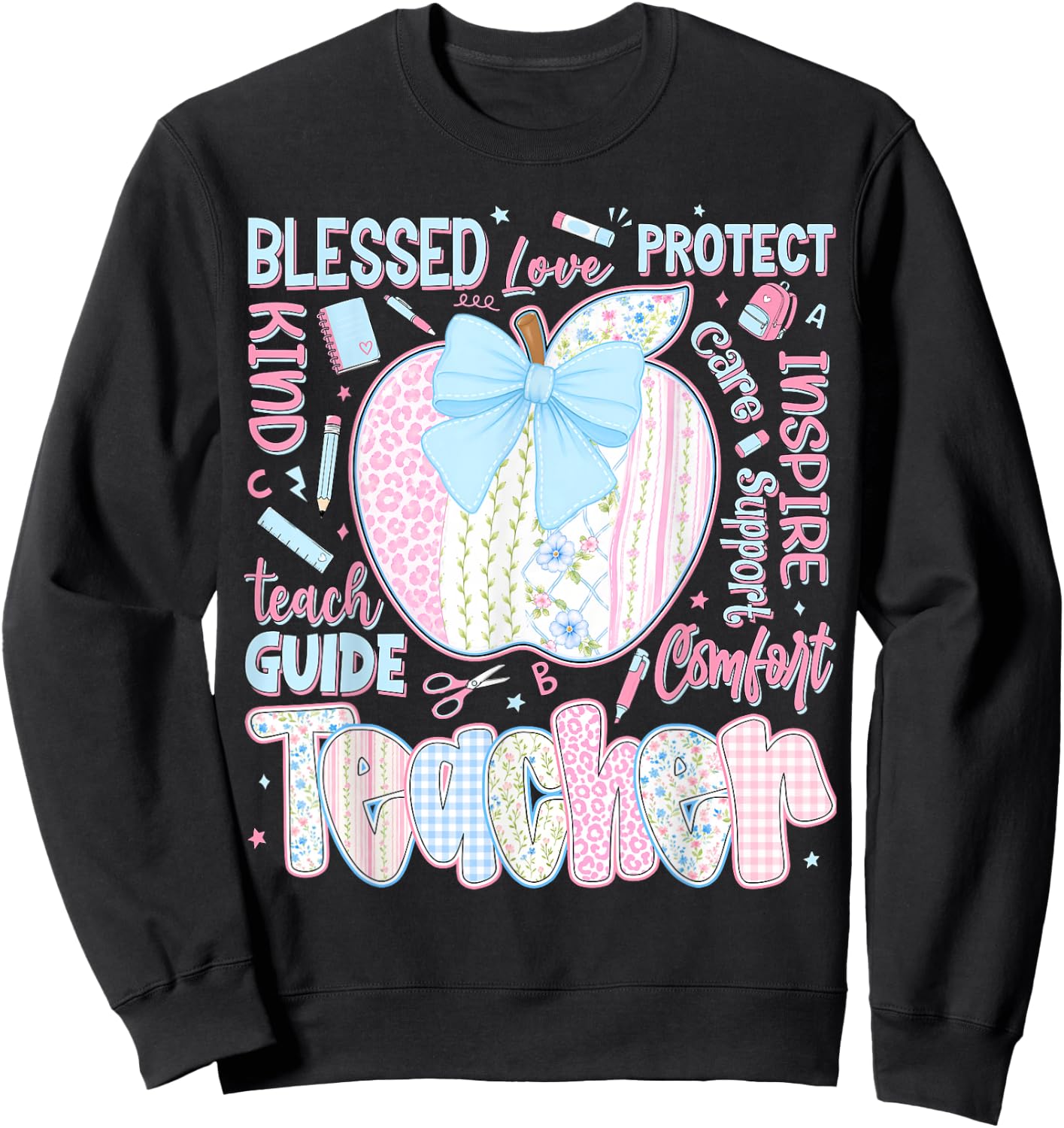 Back to School Teacher Teach Love Inspire Coquette Bow Girls Sweatshirt - Sweatshirt | Black