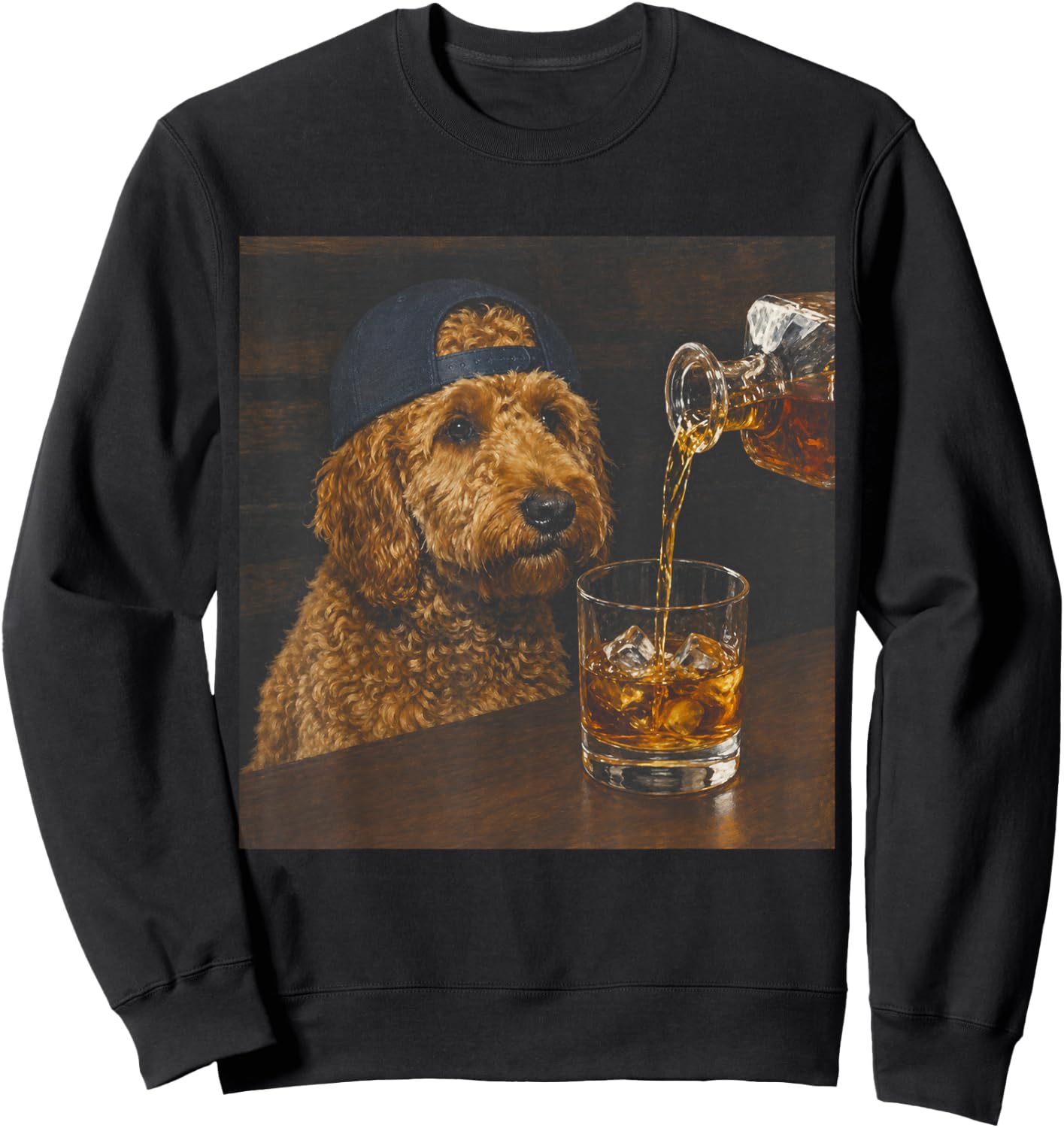 Vintage Goldendoodle Drinking Whiskey Funny Dog Lover Sweatshirt - Sweatshirt | Black