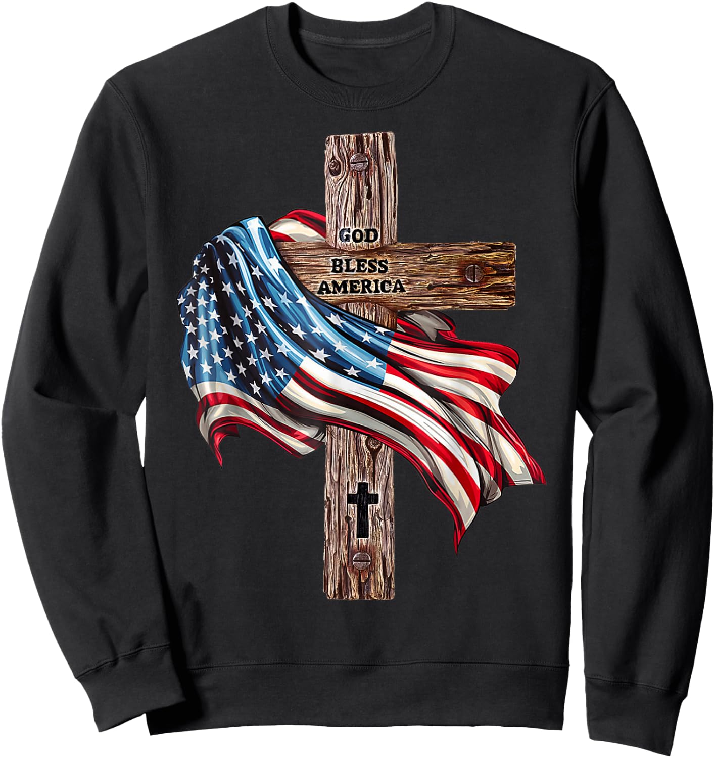 God Bless America Cross American Flag US Patriotic Christian Sweatshirt - Sweatshirt | Black