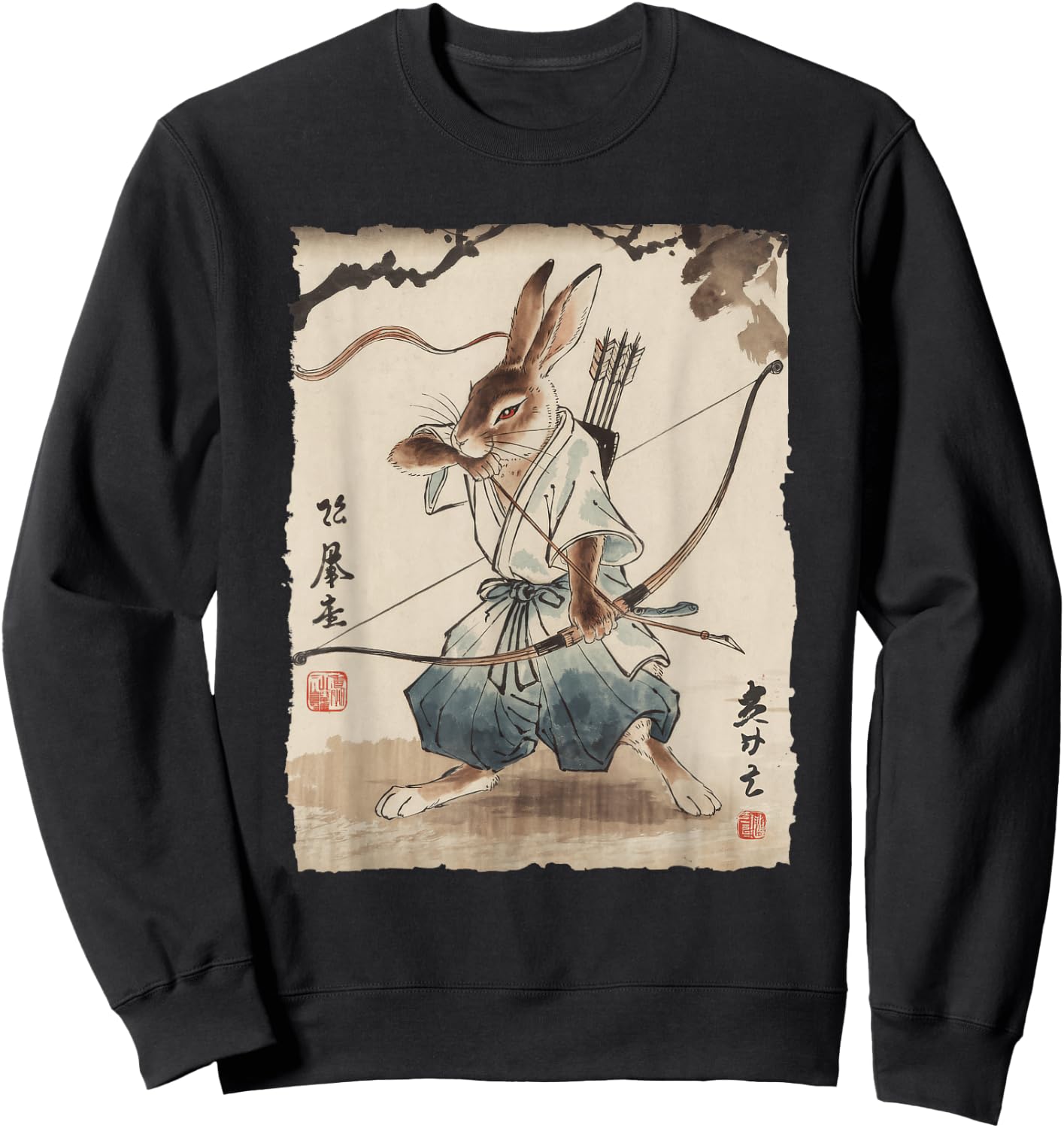 Rabbit Samurai Archer Japanese Ink Art Women Kids Sweatshirt - Sweatshirt | Black