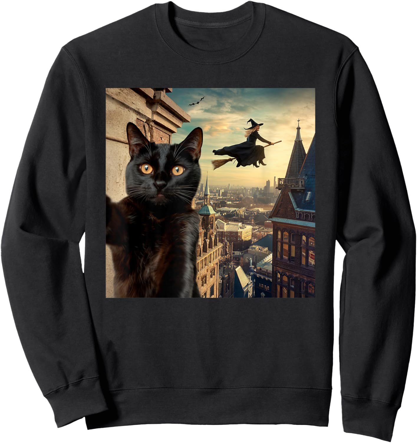 Witch and Black Cat Selfie Photo Halloween Magic Lovers Sweatshirt - Sweatshirt | Black