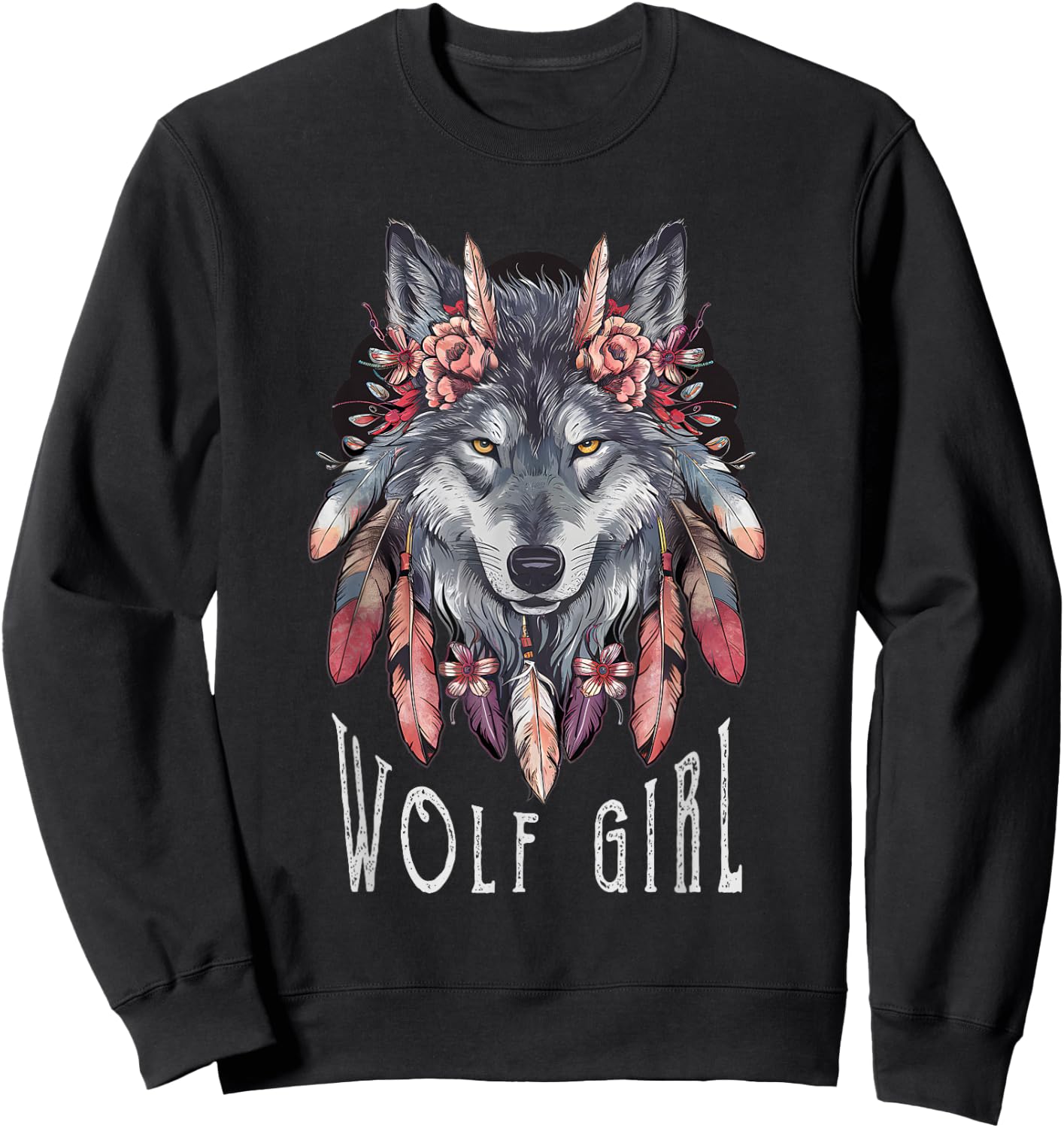 Wolf Girl Loves Wolves Women Children Feathers Floral Wolf , black Sweatshirt - Sweatshirt | Black