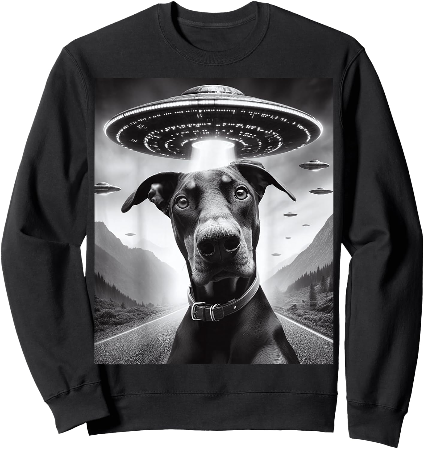 Funny Doberman Pinscher Selfie with UFOs Sweatshirt - Sweatshirt | Black