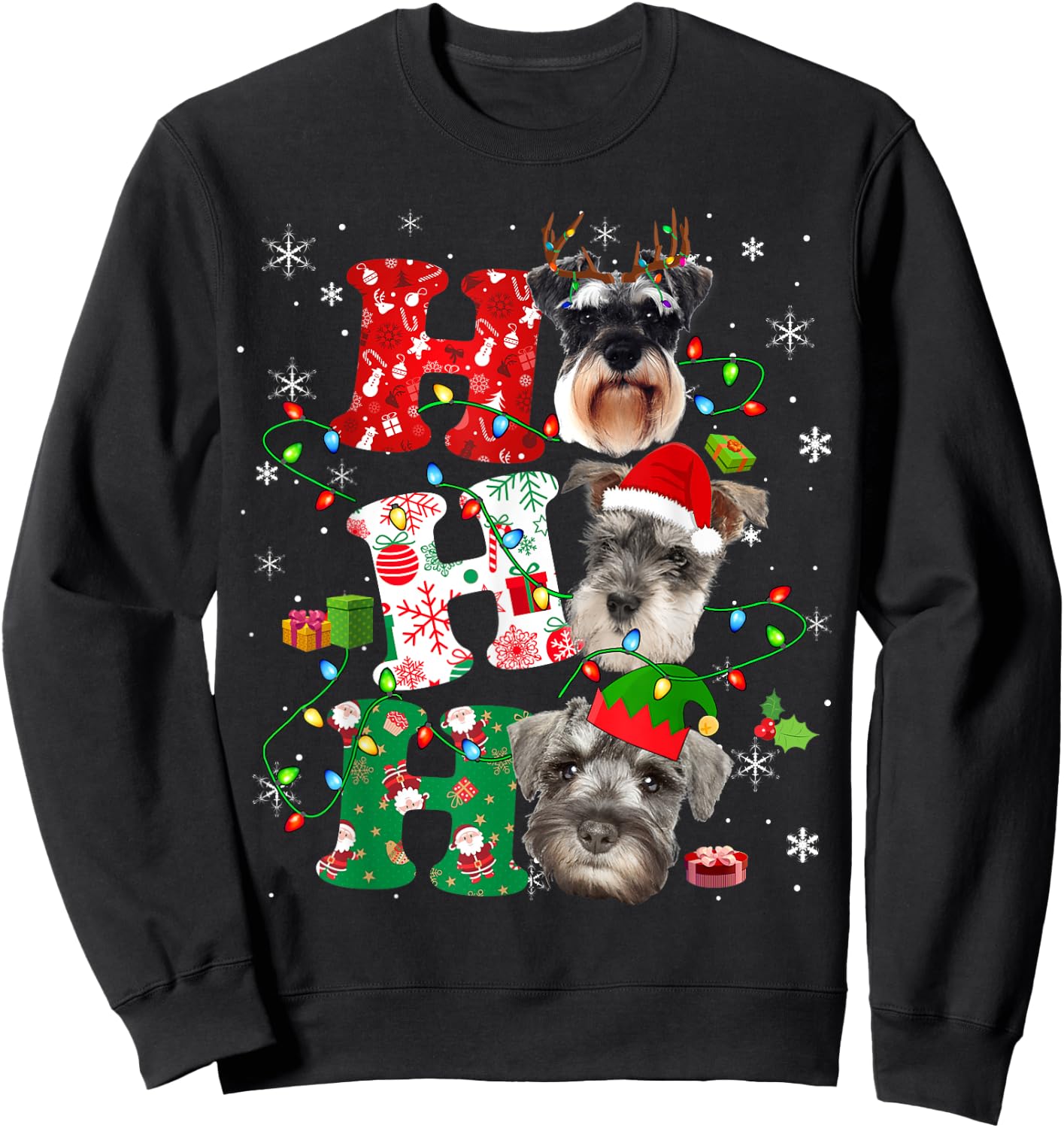 Ho3 Christmas Lights Santa Elf Reindeer Schnauzer Sweatshirt - Sweatshirt | Black
