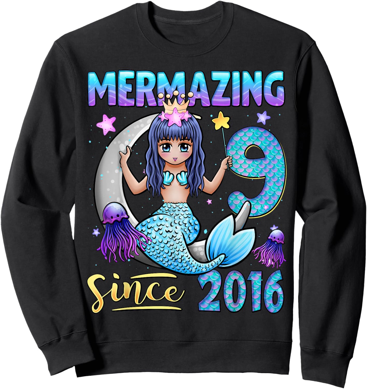 Mermaid Birthday Shirt 9 Years Old Mermaid 9th Birthday Girl Sweatshirt - Sweatshirt | Black