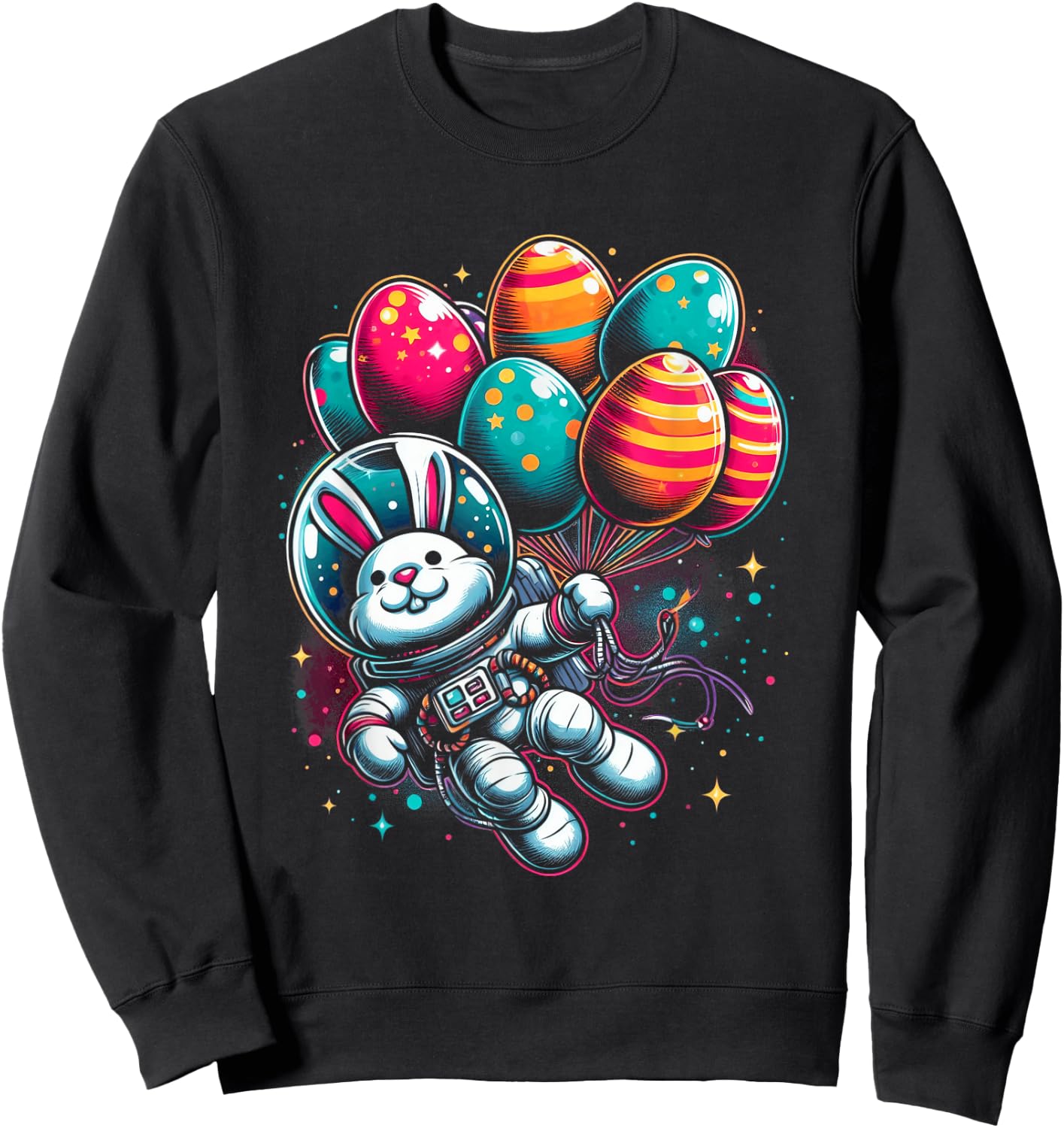 Easter Bunny Astronaut with Egg Balloons - Easter Space Sweatshirt - Sweatshirt | Black