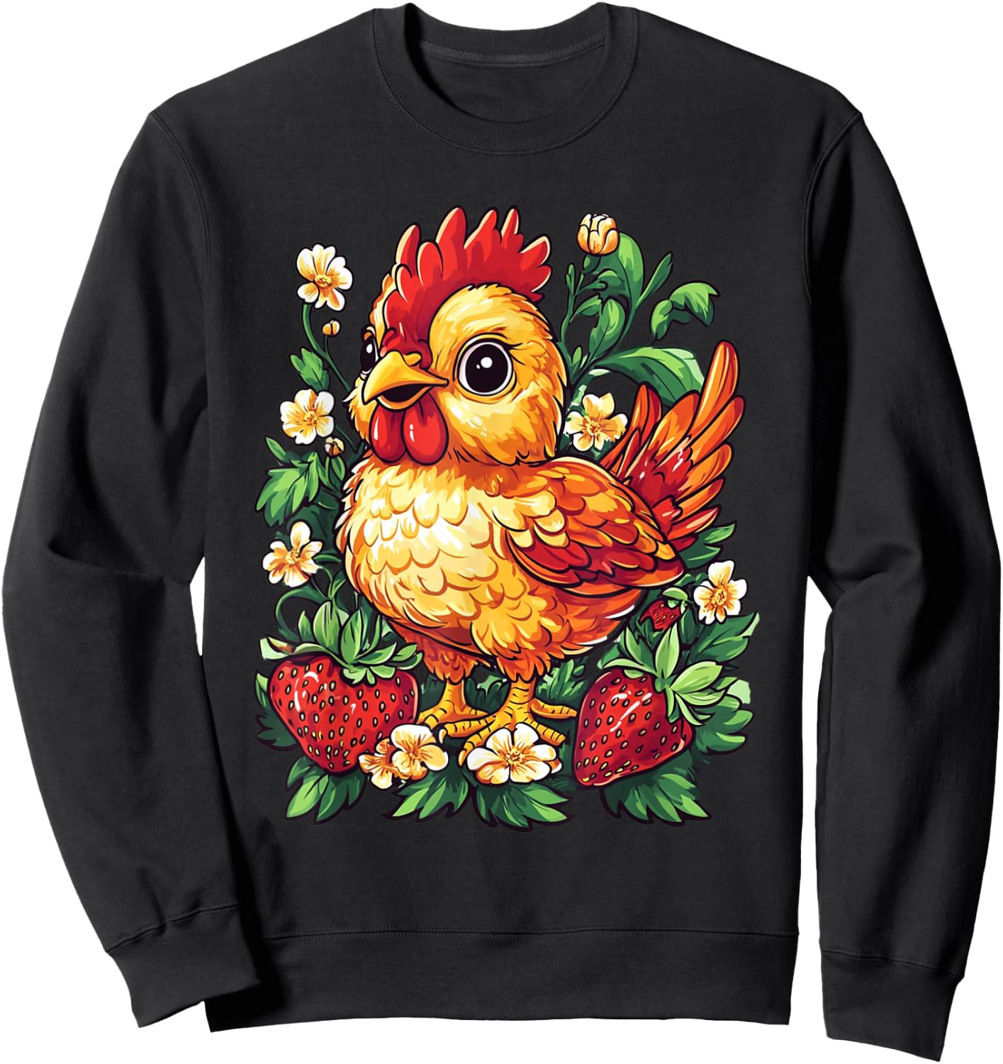 Chicken Strawberries and Flowers Graphic Cute Chicken Sweatshirt - Sweatshirt | Black