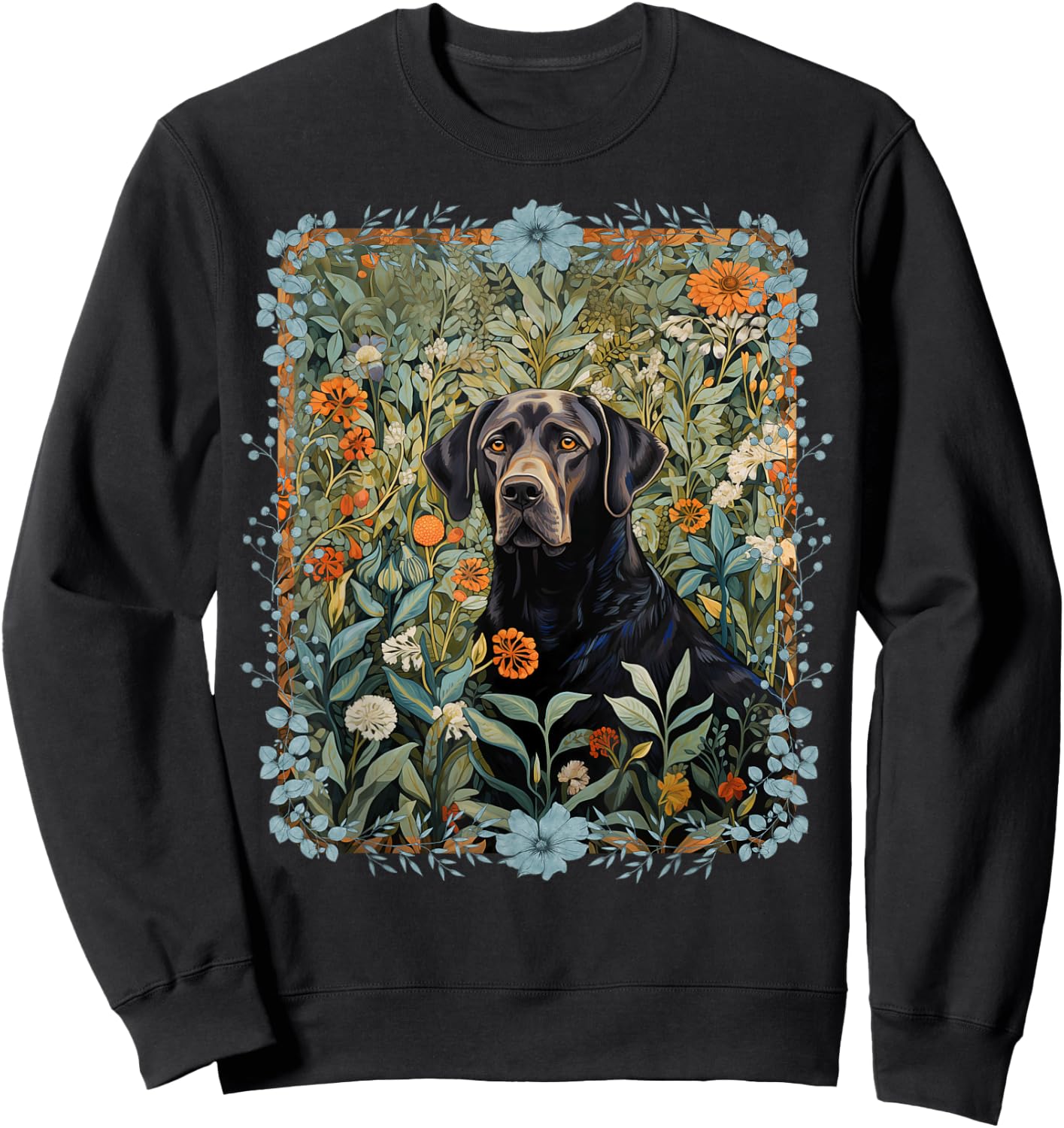 Black Labrador Retriever in William Morris Style Garden Sweatshirt - Sweatshirt | Black