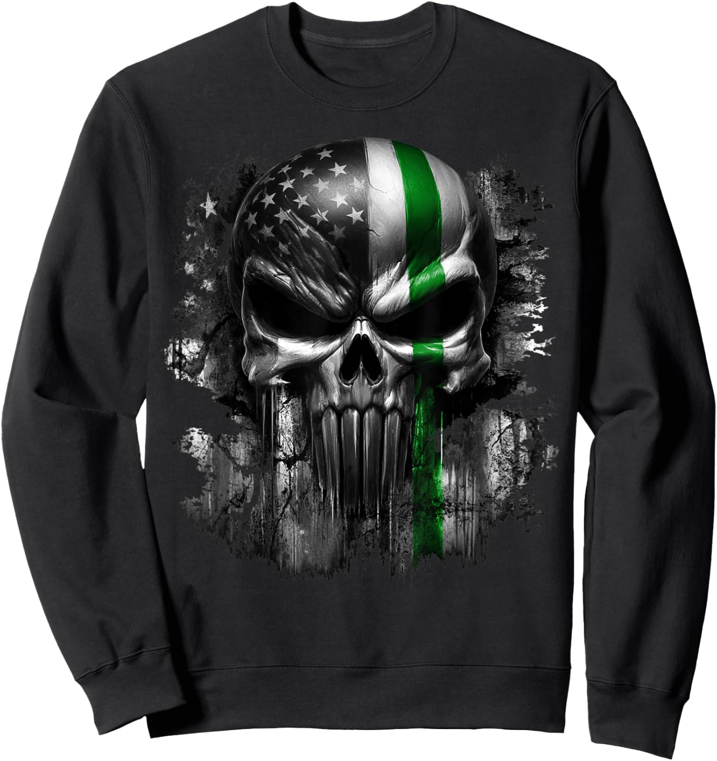 USA American Skull Patriotic Line Flag Grunge Graphic Sweatshirt - Sweatshirt | Black